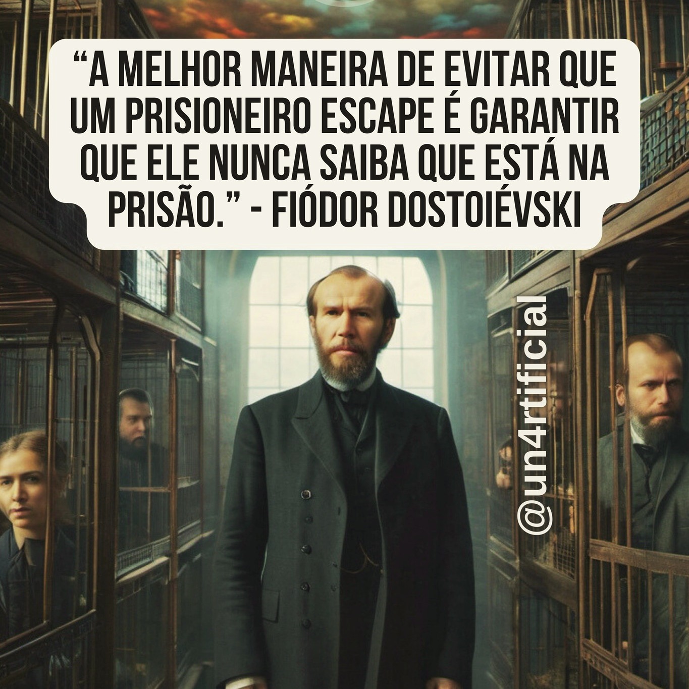 #un4rt #un4rtificial #whatis4rt #person4liter4l
PT - A frase de Dostoiévski é um golpe direto contra nossas certezas. Quantas vezes achamos que somos livres, quando na verdade vivemos dentro de grades invisíveis — crenças, hábitos, sistemas que moldam nosso pensamento sem que percebamos? A prisão mais eficaz não precisa de muros, mas de ignorância.
E se a sensação de liberdade que experimentamos for apenas parte do mecanismo que nos mantém presos? Talvez o desafio não seja escapar, mas primeiro enxergar as paredes. Porque quem não percebe a prisão, jamais busca a saída.
A pergunta é: você realmente é livre, ou apenas se sente confortável dentro de uma cela bem disfarçada?