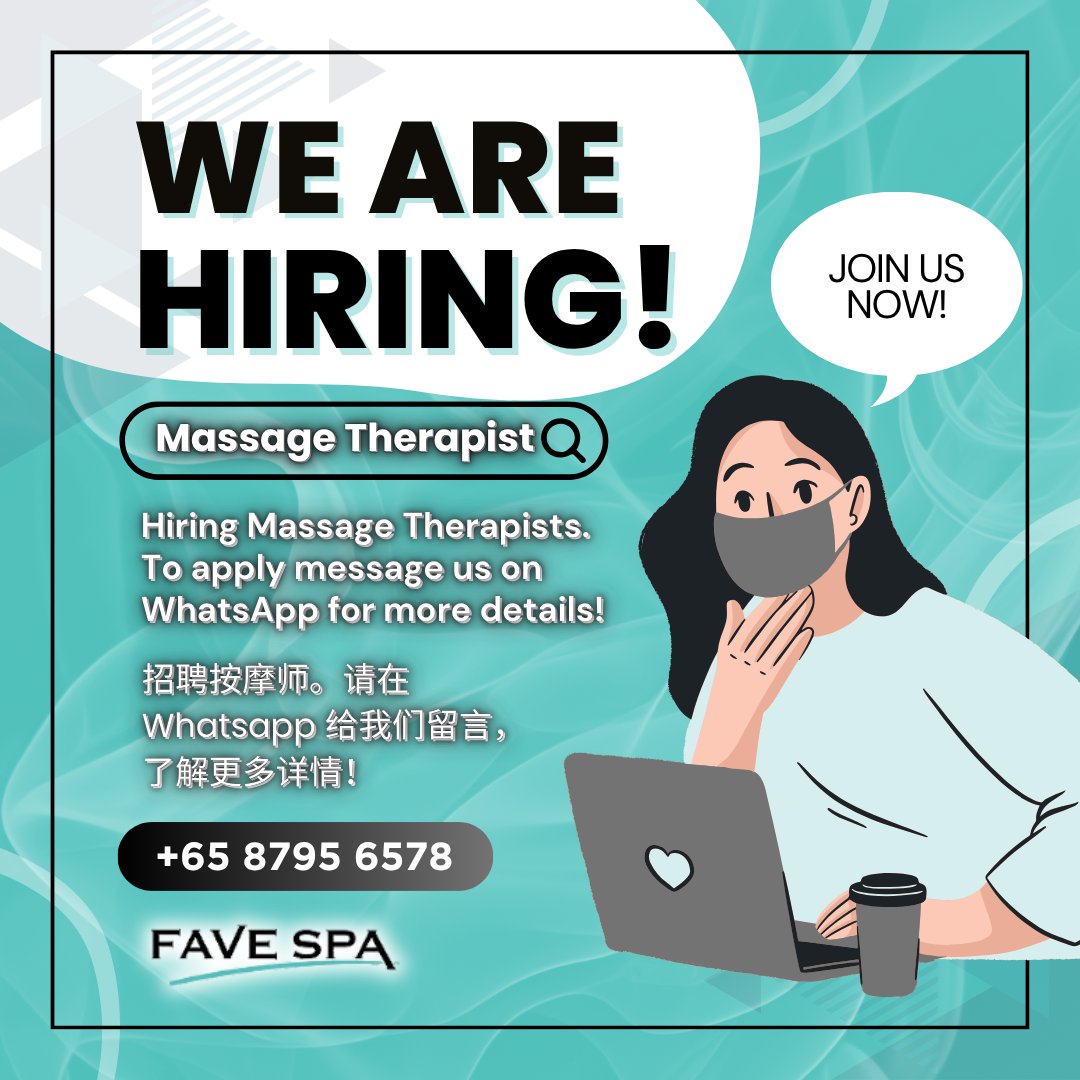 Work in a Positive Environment as a Massage Therapist. Fave Spa is curently looking to hire massage therapists. To apply message us on WhatsApp 8795 6578 for more details.
Fave Spa 在招聘按摩师。请在 Whatsapp 给我们留言,
了解更多详情!
— at Fave Spa.