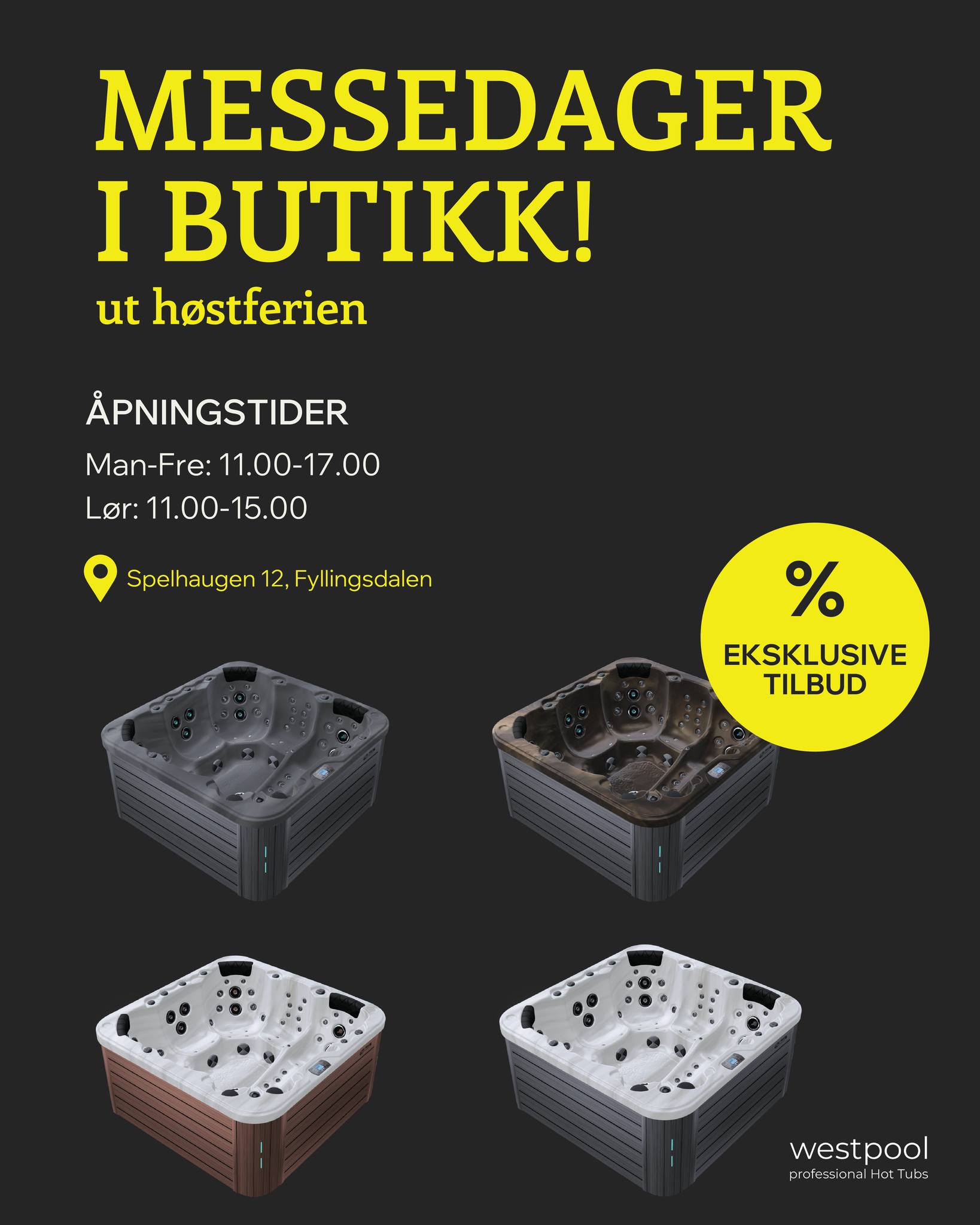 ✨ MESSEDAGENE FORTSETTER ✨
Vi holder messedager ut hele høstferien – med ekstra gode tilbud på spabad!
Kom innom showroomet vårt i Spelhaugen 12, opplev produktene på nært hold og få personlig veiledning av våre erfarne medarbeidere!