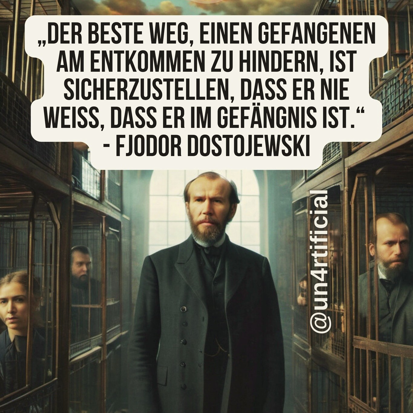 #un4rt #un4rtificial #whatis4rt #person4liter4l
Dostojewskis Satz ist ein direkter Schlag gegen unsere Gewissheiten. Wie oft glauben wir, frei zu sein, obwohl wir in Wirklichkeit in unsichtbaren Käfigen leben – Überzeugungen, Gewohnheiten, Systeme, die unser Denken prägen, ohne dass wir es merken? Das wirksamste Gefängnis braucht keine Mauern, sondern Unwissenheit.
Was, wenn das Gefühl der Freiheit, das wir erleben, nur Teil des Mechanismus ist, der uns gefangen hält? Vielleicht besteht die Herausforderung nicht darin, zu fliehen, sondern zuerst die Mauern zu sehen. Denn wer das Gefängnis nicht wahrnimmt, sucht niemals nach einem Ausweg.
Die Frage ist: Sind Sie wirklich frei oder fühlen Sie sich nur wohl in einer gut getarnten Zelle?