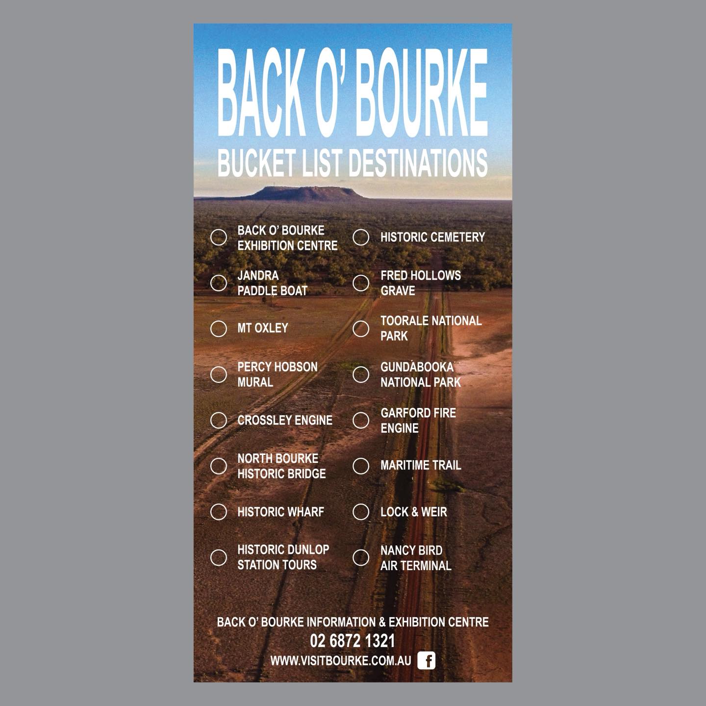 - BACK O’ BOURKE BUCKET LIST -
I designed this flyer for the Bourke Shire Council so travellers can tick off all the destinations in Bourke that they should see in a visit!!
It’s so simple but it really highlights the MUST SEE destinations in Bourke!
#lauragillarddesign #designer #visitbourke #backobourke #bourkensw #bourke #tourismflyer #flyer #flyerdesign #dlflyer