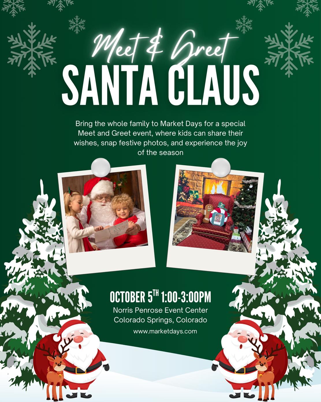 🎄✨ DAY 2 OF MARKET DAYS IS TOMORROW! ✨🎄
What an amazing first day at Market Days Colorado Springs — but the fun isn’t over yet! 🙌
We’re back TOMORROW (Sunday, Oct. 5) at the Norris Penrose Event Center for another full day of shopping, food, music, and family fun!
🎅 PLUS — Santa will be here TOMORROW from 1–3 PM with a beautiful Christmas tree setup for photos! 📸🎄
Bring the kids, grab your friends, and come make some early holiday memories! ❤️
🛍️ 100+ local vendors
🎶 Live music
👻 Booth-n-Treat fun all day — costumes encouraged!
🍴 Food trucks, drinks, and festive vibes everywhere!
📅 Sunday, Oct. 5 | 10 AM – 4 PM
📍 Norris Penrose Event Center – Colorado Springs
✨ Kids under 13 get in FREE! ✨
Don’t miss your chance to shop, eat, and celebrate the season — Market Days is the family event you don’t want to miss! 🎪❤️