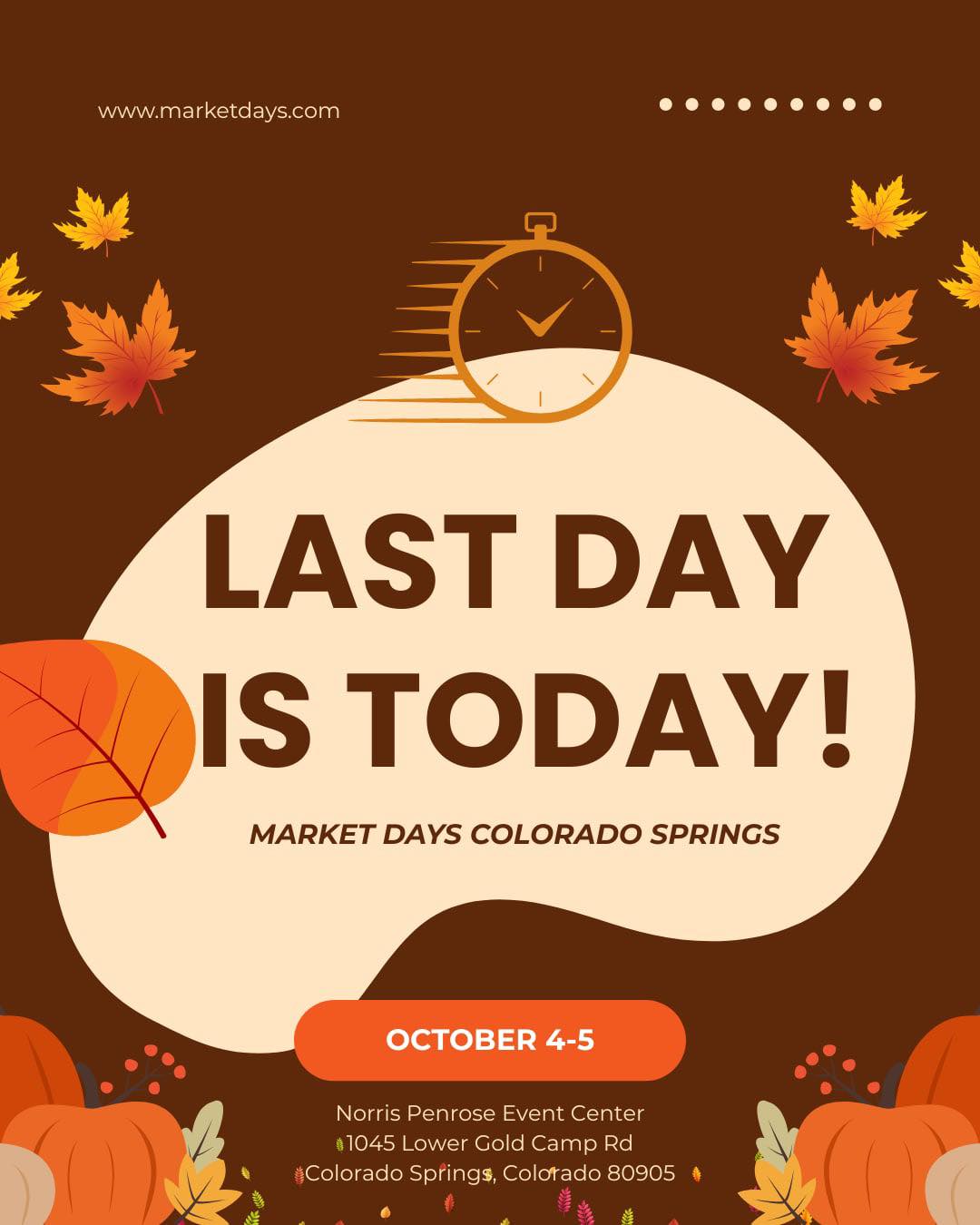 🎉✨ TODAY IS THE DAY! ✨🎉
It’s the FINAL DAY of Market Days Colorado Springs — and you do NOT want to miss it! 🙌
Come shop from over 90 incredible local vendors, grab some amazing food, listen to live music, and make those core memories with your family and friends. 💕
🛍️ Unique finds
🎅 Santa + Christmas Tree photos (1–3 PM)
👻 Booth-n-Treat fun
🎶 Great vibes all day long
📅 Today | Sunday, Oct. 5 | 10 AM – 4 PM
📍 Norris Penrose Event Center – Colorado Springs
✨ Let’s make the last day the BEST day!
Come out, shop small, support local, and celebrate this amazing community! 💚🎪