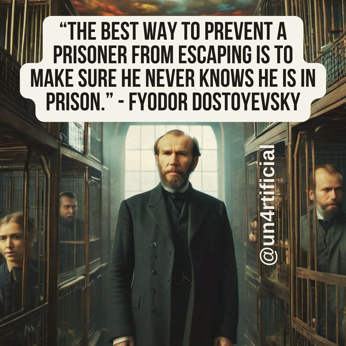 #un4rt #un4rtificial #whatis4rt #person4liter4l
Dostoyevsky's phrase is a direct blow to our certainties. How often do we think we are free, when in fact we live within invisible bars — beliefs, habits, systems that shape our thinking without us realising it? The most effective prison does not need walls, but ignorance.
What if the feeling of freedom we experience is just part of the mechanism that keeps us imprisoned? Perhaps the challenge is not to escape, but first to see the walls. Because those who do not perceive their imprisonment will never seek a way out.
The question is: are you truly free, or do you just feel comfortable inside a well-disguised cell?