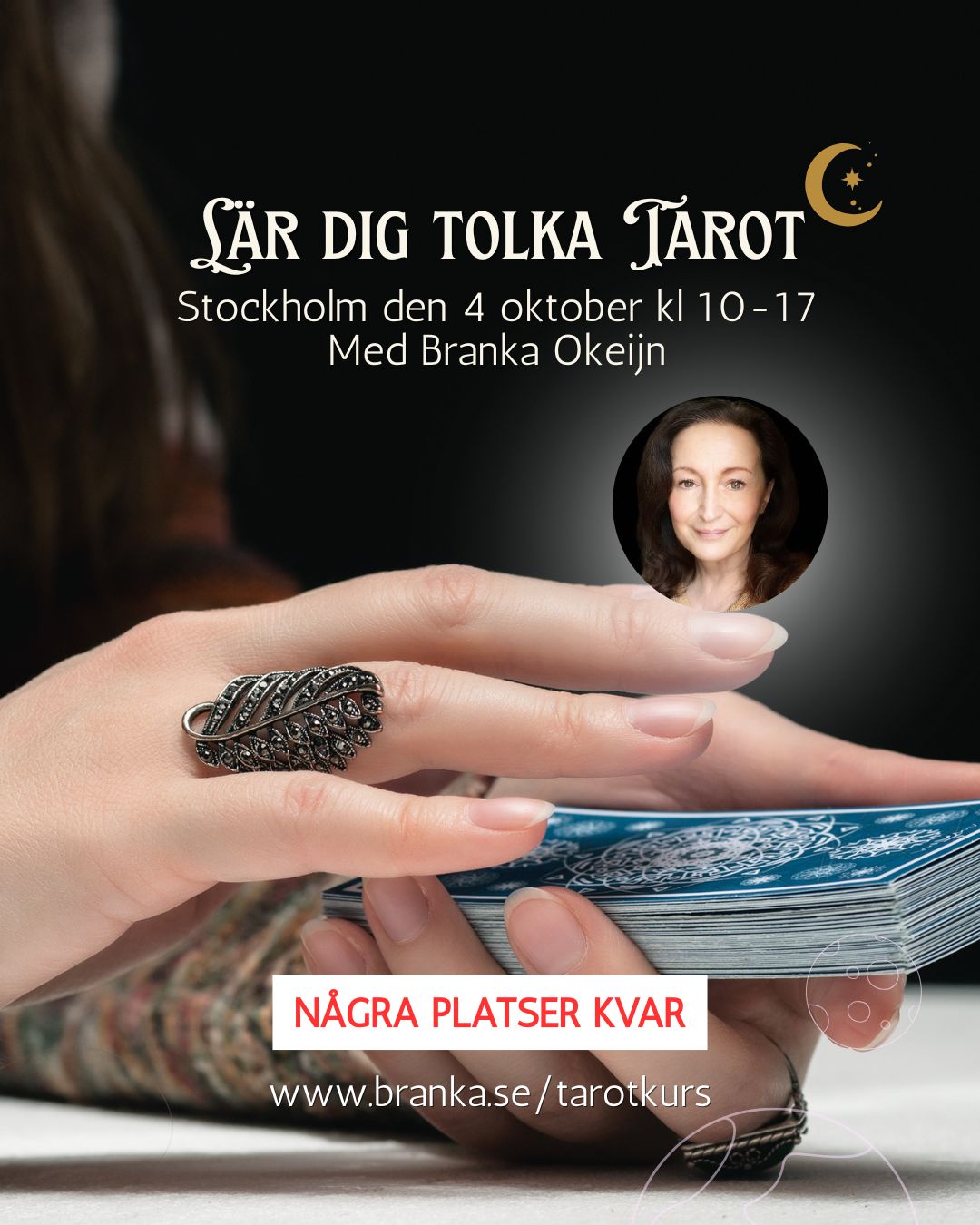 Sista chansen att anmäla sig till höstens kurs. Det är en perfekt tid att krypa in och utforska Tarots magiska värld. Tarot ett fantastiskt verktyg för personlig utveckling och vägledning och kanske ett av de mest träffsäkra metoderna för självkännedom och framtidsanalys. Tidigare kurstillfällen har blivit fullbokade så vänta inte för länge med din anmälan om du vill vara säker på att komma med.
Workshopen passar dig som vill lära dig mer om hur du med hjälp av Tarot kan få insikter och vägledning i olika livsfrågor. För att få ut mesta möjliga av workshopen är det bra att du har de mest grundläggande kunskaperna om Tarotsystemet men det är inget krav. Efter en introduktion till tarotsystemet kommer tyngdpunkten att ligga på praktiska övningar där du kan hitta ditt eget personliga förhållningssätt och förbättra förtroendet för din egen intuition.
En del av kursinnehållet:
✨ Etik - vad du behöver tänka på - förhållningssätt
✨ Stora Arkanan och "Narrens" resa igenom livet
✨ Lilla Arkanan och elementen
✨ De klädda korten i korthet
✨ Två och två - olika typer av läggningar
Datum: På lördag den 4 oktober
Plats: Luntmakargatan 52, Stockholm
Tid: 10-17
Kursens pris är 995sek
Läs mer på www.branka.se/tarotkurs
Länk i profil @brankaokeijn
Kompendium ingår.