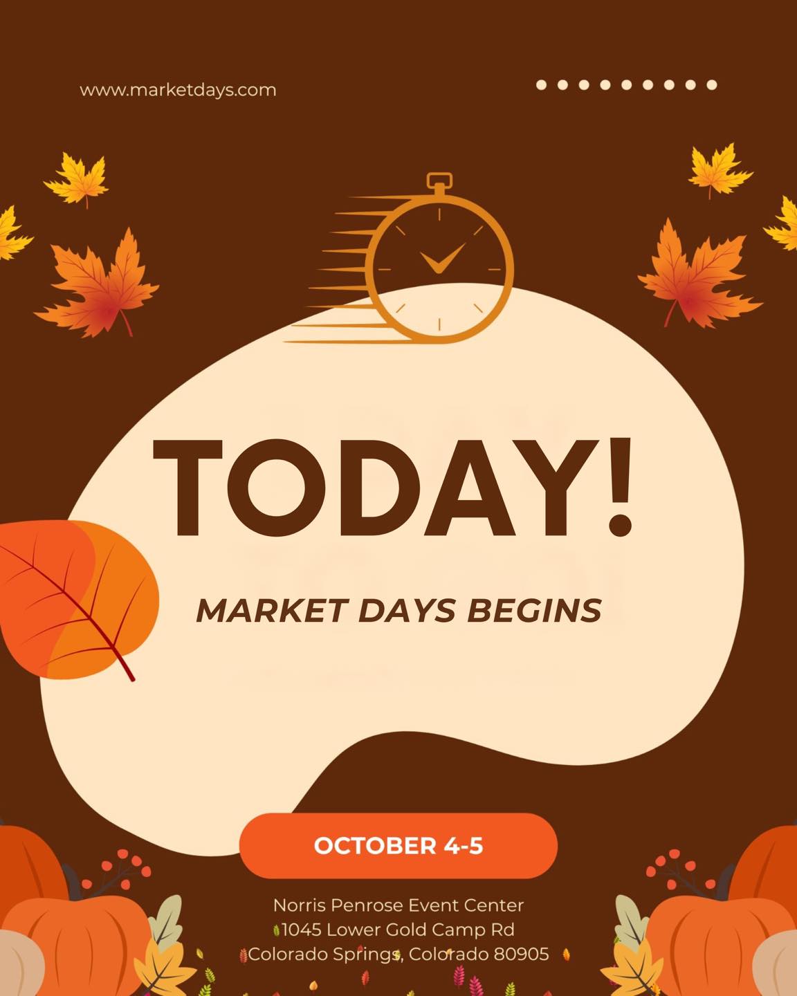 🎉✨ TODAY IS THE DAY, COLORADO SPRINGS! ✨🎉
The wait is OVER — MARKET DAYS kicks off TODAY at the Norris Penrose Event Center! 🙌
🛍️ Over 100 incredible local vendors (you’ve seen the sneak peeks in our vendor spotlights — Brims & Blessings, Pet Wants, CC’s Permanent Jewelry, True Blue Woodcraft, Kreations by Kippi & so many more!)
🎶 Live music & entertainment all weekend
👻 Booth-n-Treat fun ALL DAY Saturday (costumes encouraged!)
🎅 Photo with Santa + Christmas Tree on Sunday (1–3 PM)
This is the family event of the season — shopping, food, music, and fun for ALL ages! ✨
📅 Saturday, Oct. 4 | 10 AM – 6 PM
📅 Sunday, Oct. 5 | 10 AM – 4 PM
📍 Norris Penrose Event Center – Colorado Springs
✨ Kids under 13 are FREE! ✨
Don’t miss out — grab your crew and head over to Market Days TODAY. 🎪💚 This is one event you’ll be talking about long after the weekend is over!