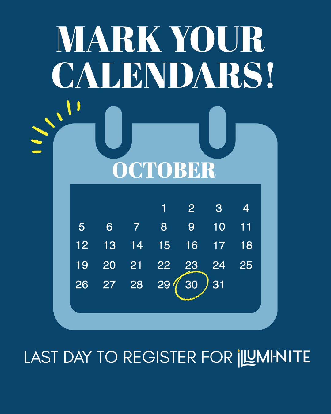 Have you registered for your FREE ILLUMI-NITE kit?!
Mark your calendars and keep spreading the word:
October 31st: last day to register for ILLUMI-NITE ✅
December 7th: Join us as we spread light, love, and hope in our communities by ILLUMI-NITING our friends and neighbors who are in need of the KEEPGOING message 🌟
All it takes is 2 simple steps to secure YOUR free luminary kit!! Help us share love and compassion throughout our communities. Together we will make a difference 💙