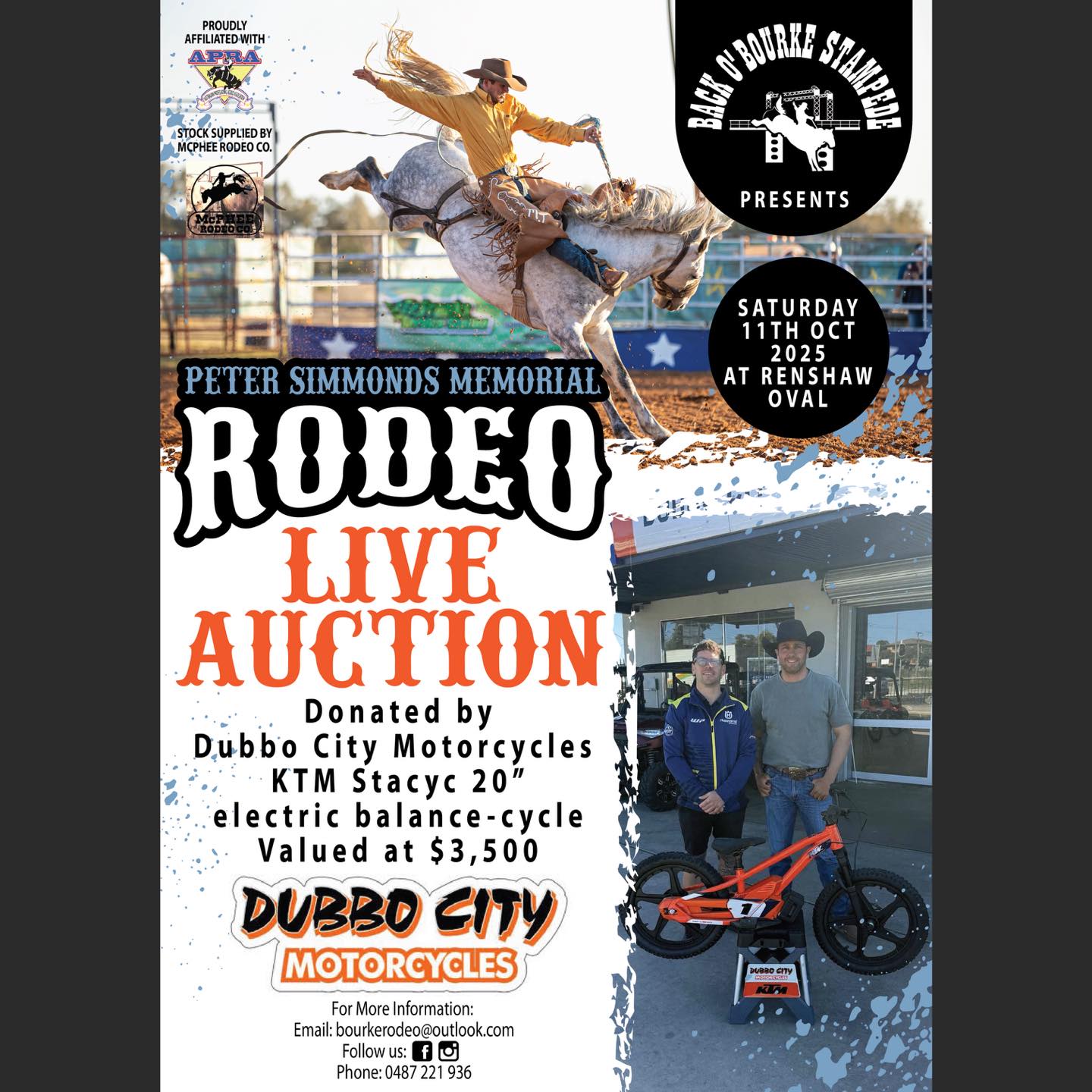 - BACK O’ BOURKE STAMPEDE -
Don’t miss the LIVE AUCTION at the Pro Rodeo on Saturday!! As you can see on this poster I designed there is a fantastic KTM electric balance bike up for grabs!!!
#lauragillarddesign #designer #backobourke #bourke #visitbourke #bourkensw #backobourkestampede #petersimmondsmemorialrodeo #posterdesign #eventposter