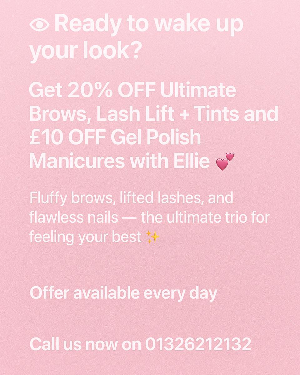 👁️ Ready to wake up your look?
Get 20% OFF Ultimate Brows, Lash Lift + Tints and £10 OFF Gel Polish Manicures with Ellie 💕
Fluffy brows, lifted lashes, and flawless nails — the ultimate trio for feeling your best ✨
✨ Ultimate Brows – Brow lamination, shaping & tinting individually tailored to you.
✨ Lash Lift + Tint – Enhance your natural lashes with a simple, personalised treatment.
✨ Gel Polish Manicure – Perfect, glossy nails that complete your glow-up 💅
Because confidence starts with the little details 💖
This offer is available every day✨
#BeautyByEllie #BrowsAndLashes #GelPolish #OctoberOffer #BeautyDeals #PamperYourself #LashLift #BrowLamination #NailGoals #SalonVibes #beauty #loveyourself #cornishsalon #beautiful #hairsalon #beauty #hairincornwall #beautyincornwall #bythesea #smile #gorg #behindthechair #salonsincornwall #radiantskin #luxurybeauty #exclusive