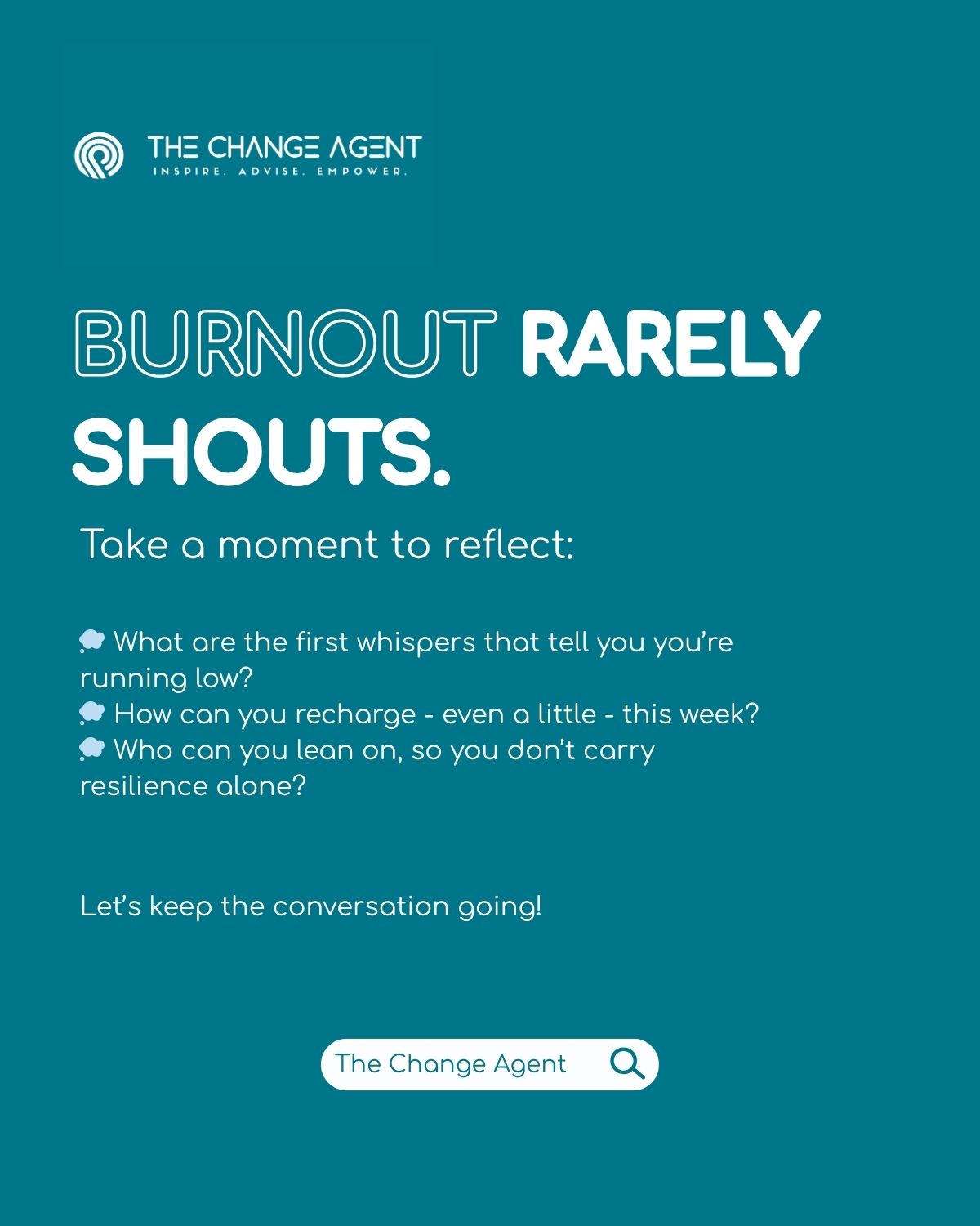 Burnout rarely shouts - it whispers.
It shows up quietly in tired thoughts, heavy shoulders, shorter tempers.
Resilience isnโt about pushing through; itโs about noticing those whispers early and taking small, intentional steps to restore our energy - mentally, physically, and emotionally.
Last week, during a session at DFK Malta, we explored how resilience can be built through awareness, daily recharging, and meaningful connection - not as a fixed trait, but as a lifelong practice.
Todayโs a good day to pause and ask:
๐ญ What are your early signs that youโre running low?
๐ญ How can you recharge - even a little - this week?
๐ญ Who can you lean on, so you donโt carry resilience alone?
Sometimes caring for our mental health starts with simply listening more closely. ๐ฑ
Looking for more support for you and your team? Get in touch with The Change Agent to book a consultation.
www.thechangeagent.eu
#WorldMentalHealthDay #TheChangeAgent #DFKMalta #Resilience #Wellbeing #Leadership #Mindfulness