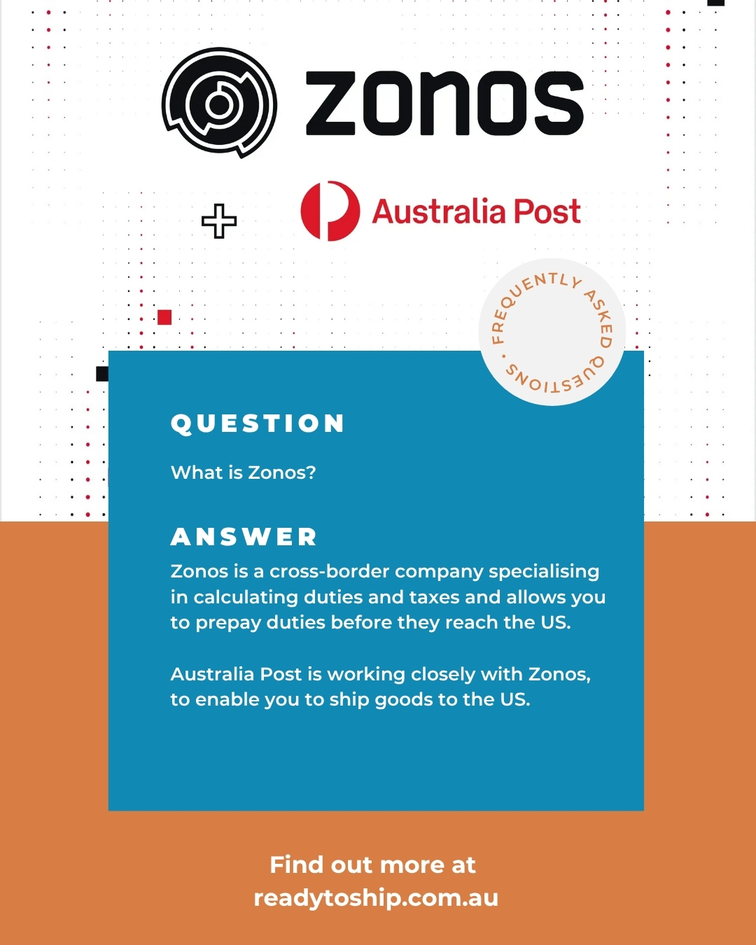What is Zonos, and do I need an account?
Zonos is a cross-border company specialising in calculating duties and taxes, and allows you to prepay duties before they reach the US.
Business customers using Australia Post need to set up a Zonos® Verified Account for duties to be calculated, collected and paid to CBP via Zonos®, prior to goods arriving in the US.
Australia Post is working closely with Zonos, as a trusted partner, to enable Australian businesses to continue shipping goods the US.
Your use of ReadyToShip is unaffected by the addition of Zonos, you don't need to link it to ReadyToShip in any way.
For more information, go to auspost.com.au/disruptions-and-updates/international-service-updates/us-tariffs
#zonos #australiapost #usshipping #smallbusiness