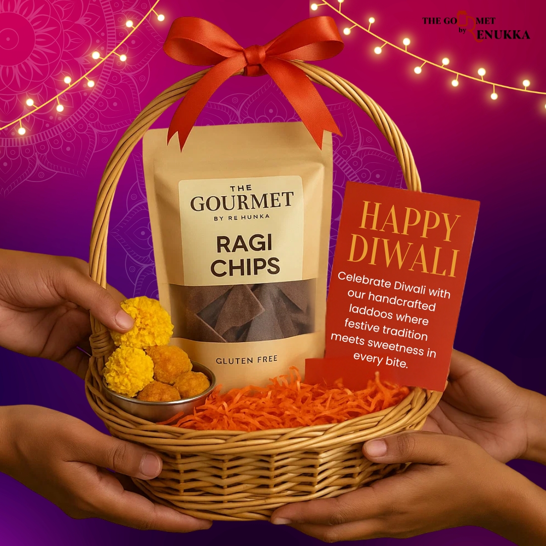 Celebrate the spirit of Diwali with our delightful gift baskets, featuring delicious ragi chips! 🎉✨ Perfect for your last-minute shopping, these custom gifts are sure to bring joy to your loved ones. Don’t miss out—order yours today! #HappyDiwali #GiftJoy #LastMinuteShopping
