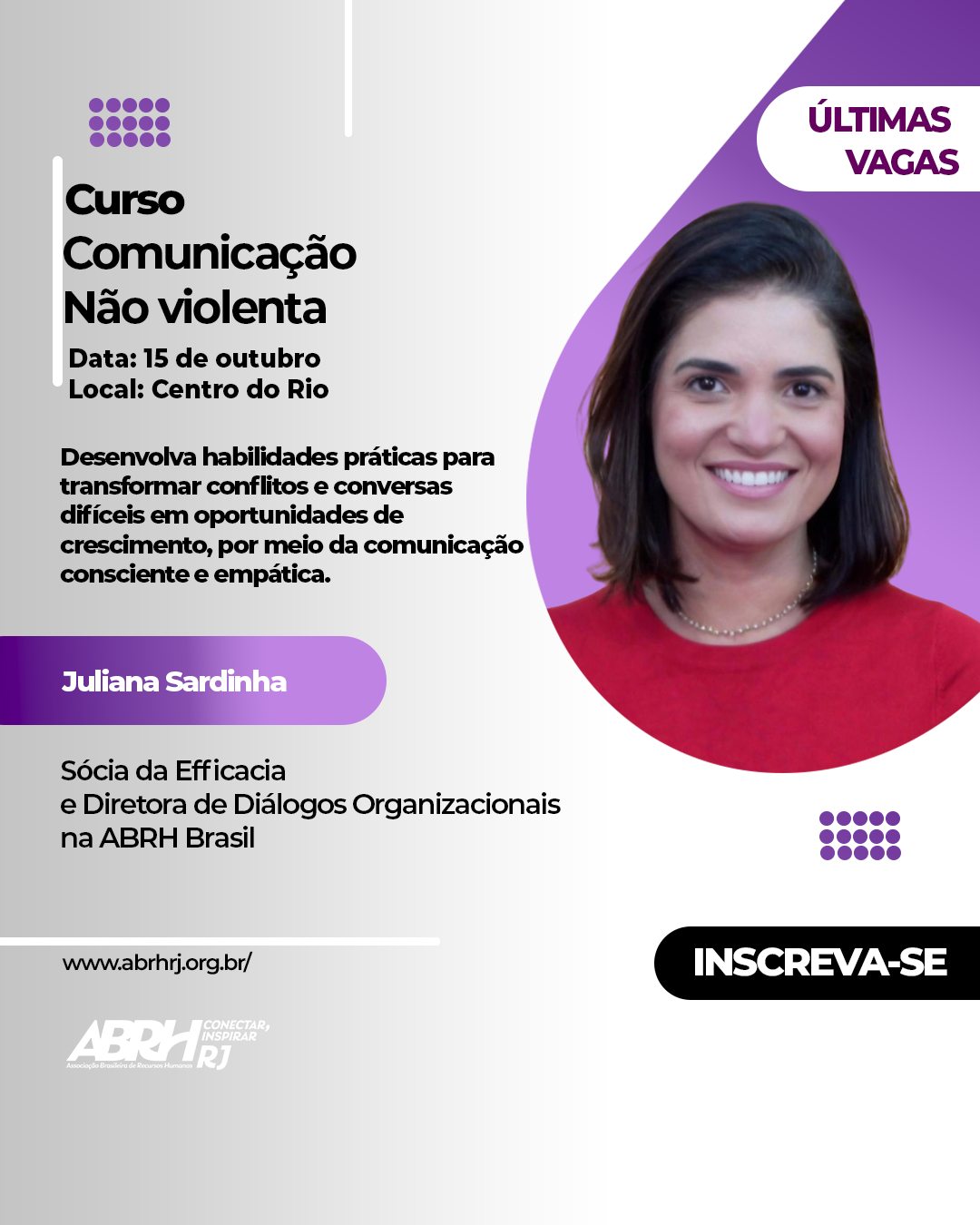 É AMANHÃ!
Últimas vagas do curso Comunicação Não Violenta!
Quer aprender a transformar conflitos e conversas difíceis em oportunidades de crescimento? Então, participe do curso de Comunicação Não Violenta, que acontecerá amanhã, dia 15 de outubro, no Centro do Rio.
Com a Juliana Sardinha, Sócia da Efficacia e Diretora de Diálogos Organizacionais na ABRH Brasil, você vai desenvolver habilidades práticas para uma comunicação mais consciente, humana e que abrirá portas para diversos caminhos fantásticos em sua carreira.
Garanta o seu ingresso agora!
Link na bio.