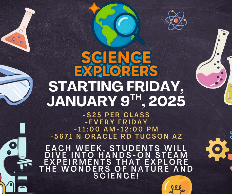 We’re so excited to introduce our brand-new Science Explorers Club at Prolific Creation Studios! 
🗓 Starting: Friday, January 9th, 2026
⏰ Time: 11:00 AM – 12:00 PM
💲 $25 per class
Each week, students will dive into hands-on STEAM experiments that explore the wonders of nature and science — from plant biology and ecosystems 🌱 to weather, motion, and chemistry! ⚡️
Through creative projects and real-world investigations, our explorers will uncover the why behind how things work — building curiosity, confidence, and a lifelong love for discovery. 💡
📍 Location: 5671 N Oracle Rd #2105, Tucson, AZ 85704
🌐 Register now and save your spot! 
https://www.prolificcreations.org/event-details/first-day-of-science-explorers-club