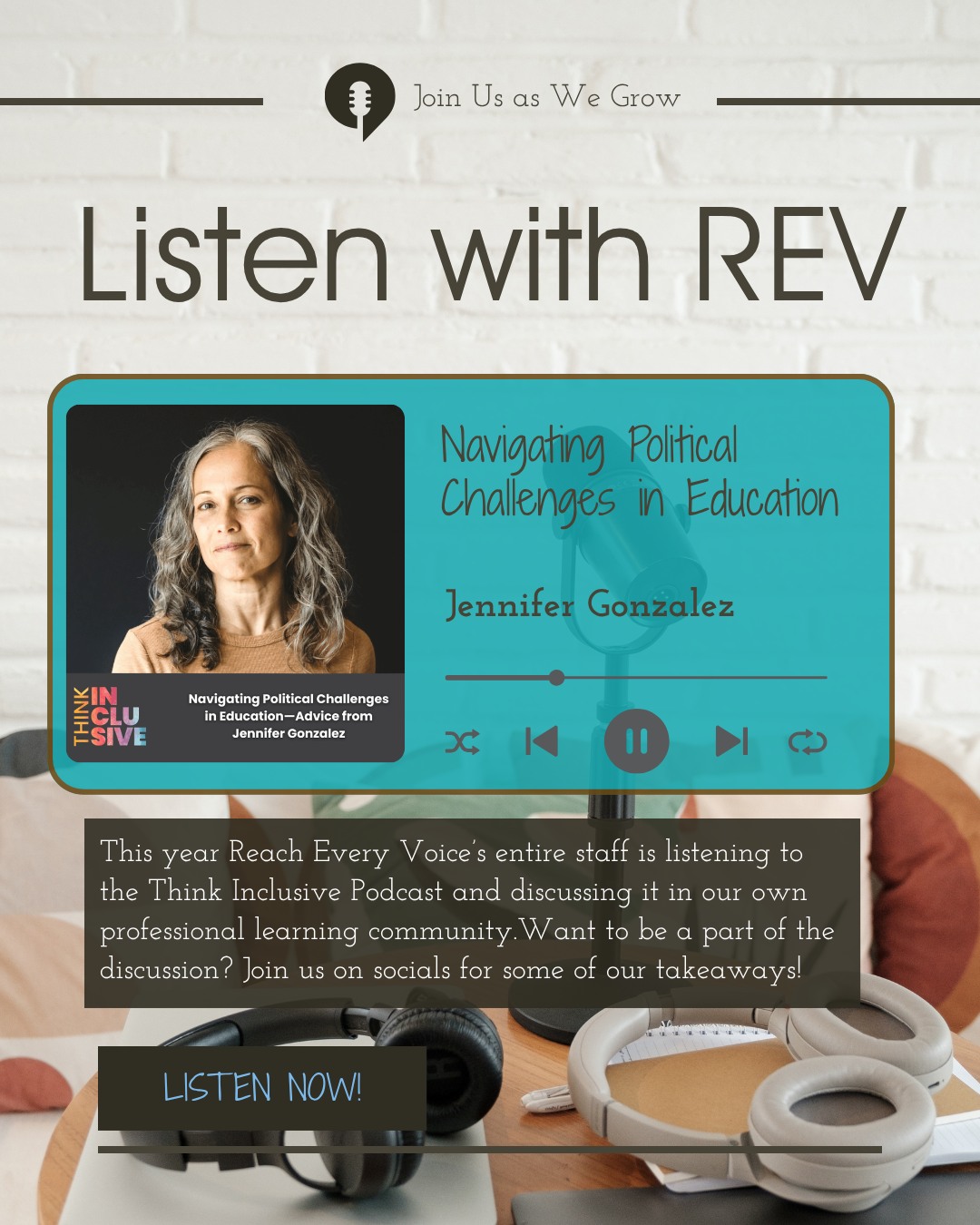 Our team has been listening to the Think Inclusive podcast together this year, and although this episode with Jennifer Gonzalez was recorded back in May, it feels especially timely now — as we watch recent efforts to gut the Department of Education.
The conversations in this episode about navigating political challenges in education hit differently in this moment.
What stays steady when systems shake? Our relationships, our values, and our commitment to equity.
#ListenWithREV #ThinkInclusive #EducationForAll #InclusiveEducation #PresumeCompetence #CultofPedogogy #ReachEveryVoice