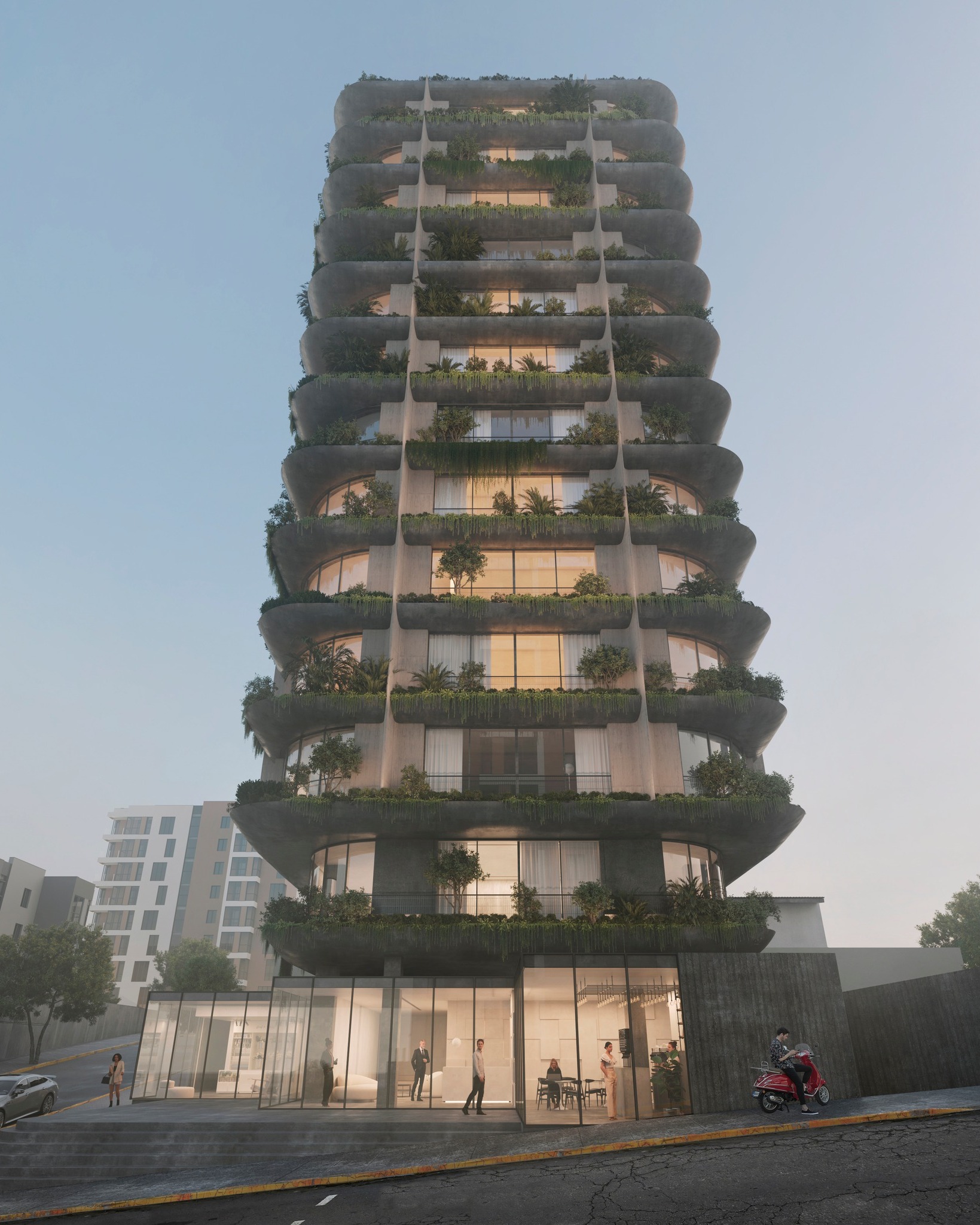 Un edificio que respira con la ciudad.
La fachada verde es parte esencial del proyecto: filtra la luz, regula la temperatura y crea un vínculo directo de la naturaleza en medio del tejido urbano.
La arquitectura se convierte en un ecosistema vertical que propone una nueva manera de habitar.
-
A building that breathes with the city.
The green façade is an essential part of the project: it filters light, regulates temperature, and creates a direct connection with nature in the midst of the urban fabric.
Architecture becomes a vertical ecosystem that proposes a new way of living.
