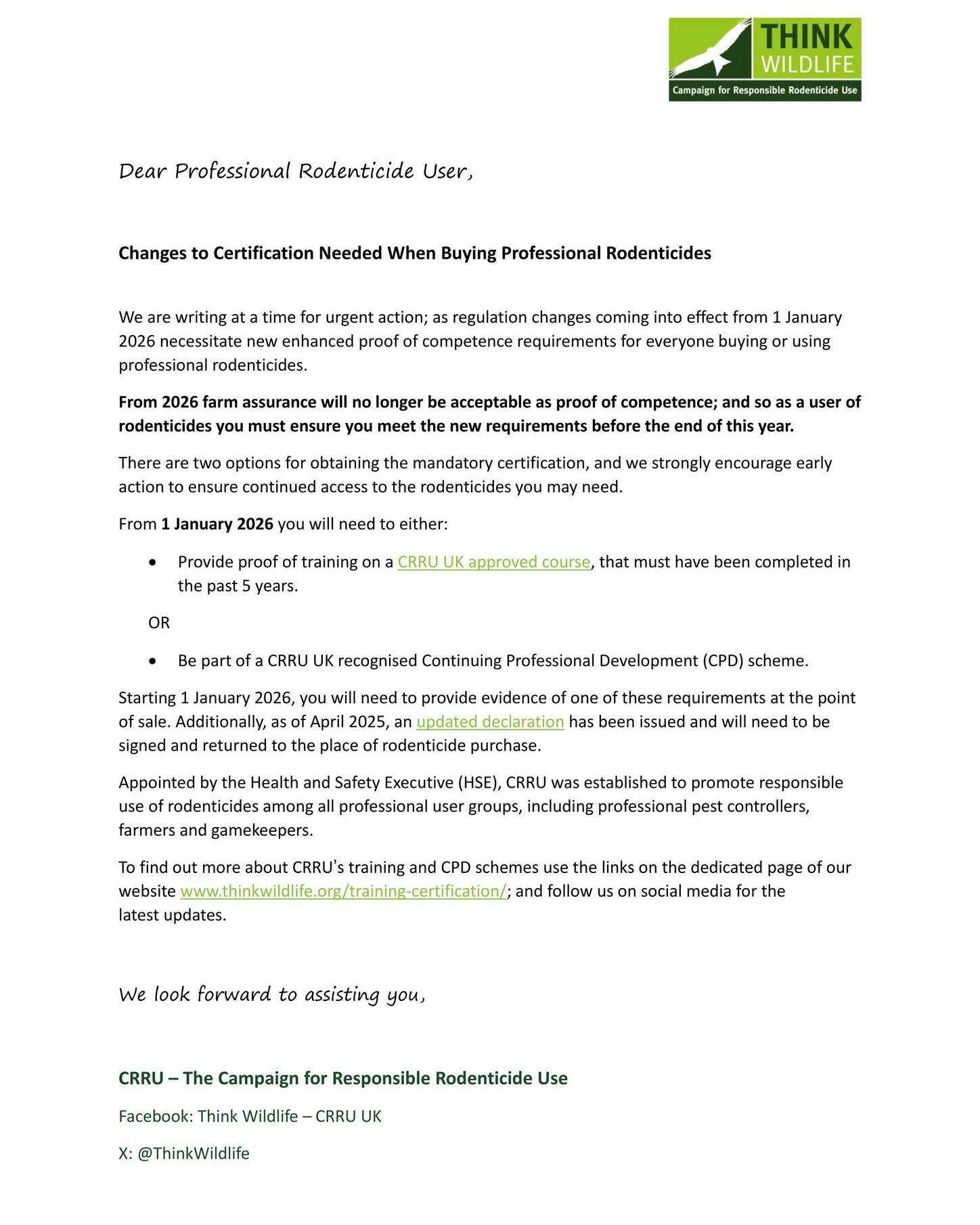 Please be aware of the changes to the regulations for the use of professional rodenticides. These changes will be in effect from the 1st of January 2026.
Any professional pest controller whose training certificates are older than 5 years, will not be able to buy professional rodenticides unless the new requirements are met by the beginning of next year.
From this date, farm assurance will not be accepted as proof of competence. You will only be able to buy rodenticides by meeting the new requirements.
https://www.thinkwildlife.org/training-certification/