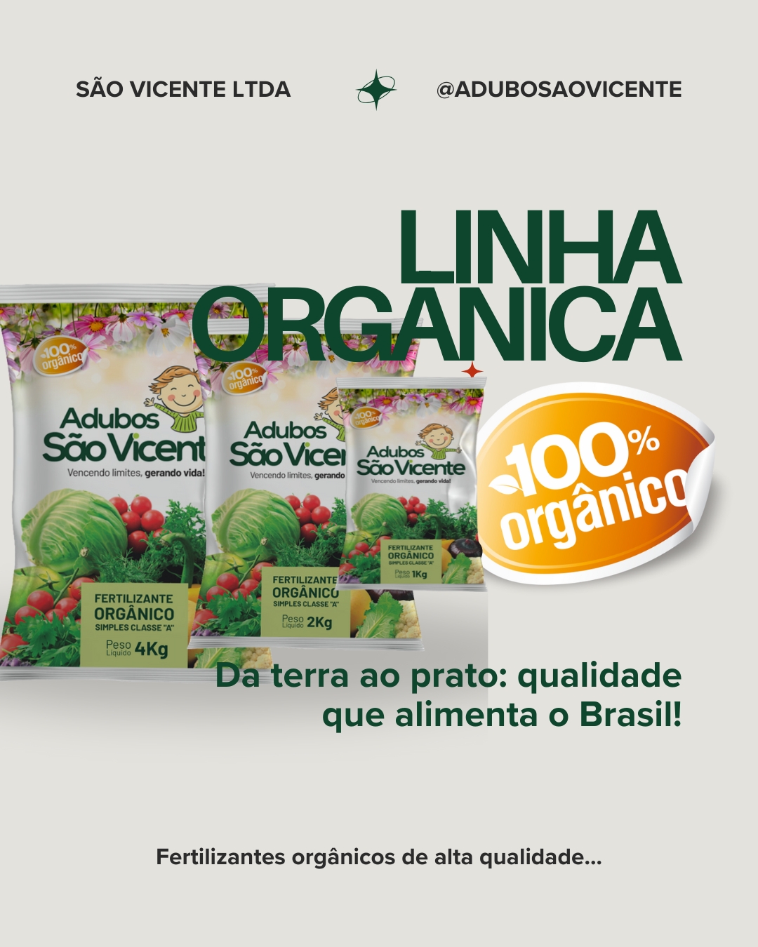 Da terra ao prato: qualidade que alimenta o Brasil!
Na Adubos São Vicente, acreditamos que uma alimentação saudável começa no solo.
Por isso, produzimos fertilizantes orgânicos de alta qualidade, feitos para nutrir a terra e garantir alimentos mais puros, ricos e sustentáveis na mesa dos brasileiros. 🥕🌱
Cada grão do nosso adubo carrega o compromisso com a vida, o meio ambiente e o futuro da agricultura nacional.
🌎💚 Cultive com qualidade, colha com orgulho.
#AdubosSãoVicente #OrgânicoDeVerdade #AgriculturaSustentável #HortaSaudável #QualidadeQueNutre #DoCampoÀMesa #BrasilOrgânico #AduboOrgânico