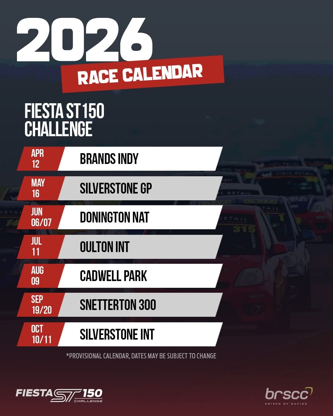 2026 race calendar for the Fiesta ST150 Challenge has arrived!
Fantastic job from the team at the BRSCC
Get the dates in your diaries! 🙌🏁