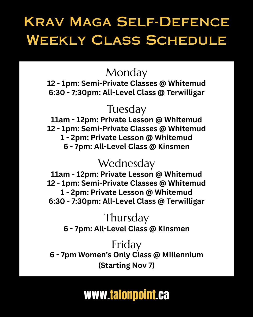 📅 TalonPoint Weekly Class Schedule is LIVE
🥋 Beginner Self-Defence
💪 Women’s Program
🧑🏫 Private/Semi-Private Lessons Available
📍 Sherwood Park | Edmonton
💬 Bring a friend, build confidence, train smart.
👉 DM TRIAL to book your first class free!
Not sure which class would be best for you? DM us and we'll help you figure it out!
#TalonPoint #SelfDefence #EmpowerHer #KravMaga #YEG #SherwoodPark #WomensSafety #YEGFitness #YEGStrong #Community #PersonalSafety