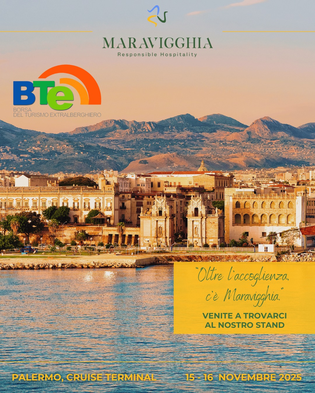 ✨ 𝐌𝐚𝐫𝐚𝐯𝐢𝐠𝐠𝐡𝐢𝐚 per la prima volta alla @borsadelturismoextralberghiero 2025! ✨
Siamo felici di annunciare la nostra partecipazione come espositori alla 𝐁𝐨𝐫𝐬𝐚 𝐝𝐞𝐥 𝐓𝐮𝐫𝐢𝐬𝐦𝐨 𝐄𝐱𝐭𝐫𝐚𝐥𝐛𝐞𝐫𝐠𝐡𝐢𝐞𝐫𝐨, 𝐜𝐡𝐞 𝐬𝐢 𝐭𝐞𝐫𝐫𝐚' 𝐢𝐥 𝟏𝟓 𝐞 𝟏𝟔 𝐧𝐨𝐯𝐞𝐦𝐛𝐫𝐞 𝐩𝐫𝐞𝐬𝐬𝐨 𝐢𝐥 𝐂𝐫𝐮𝐢𝐬𝐞 𝐓𝐞𝐫𝐦𝐢𝐧𝐚𝐥 𝐝𝐢 𝐏𝐚𝐥𝐞𝐫𝐦𝐨.
Due giorni dedicati all’ospitalità responsabile, al confronto e alla scoperta di nuove sinergie nel mondo del turismo sostenibile. 🌿
📍 𝐕𝐞𝐧𝐢𝐭𝐞 𝐚 𝐭𝐫𝐨𝐯𝐚𝐫𝐜𝐢 𝐚𝐥 𝐧𝐨𝐬𝐭𝐫𝐨 𝐬𝐭𝐚𝐧𝐝: 𝐬𝐜𝐨𝐩𝐫𝐢𝐫𝐞𝐭𝐞 𝐜𝐨𝐦𝐞, 𝐨𝐥𝐭𝐫𝐞 𝐥’𝐚𝐜𝐜𝐨𝐠𝐥𝐢𝐞𝐧𝐳𝐚, 𝐜’𝐞' 𝐌𝐚𝐫𝐚𝐯𝐢𝐠𝐠𝐡𝐢𝐚.
#Maravigghia #BTE2025 #BorsaTurismoExtralberghiero #Palermo #TurismoSostenibile #ResponsibleHospitality #OspitalitàResponsabile #Sicilia #TravelExperience