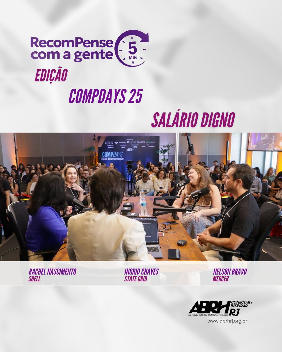 Confira o primeiro RecomPense com a gente | 5 minutos - Edição COMPDAYS 2025!
O 1º episódio abordará o painel “Salário digno”, com Ingrid Chaves, Nelson Bravo e Rachel Nascimento trazendo suas perspectivas e saberes sobre o tema.
O RecomPense com a Gente | 5 minutos, trará conteúdos baseados nas palestras do COMPDAYS 2025, com reflexões e práticas do futuro da remuneração.
Para ter acesso a pílula completa acesse a plataforma exclusiva para associados, a ABRH-RJ Academy. Caso não seja um associado, associe-se em: abrhrj.org.br