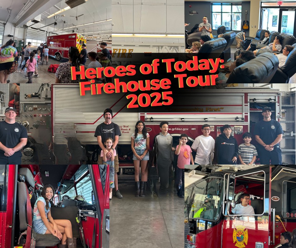 🚒🔥 What an amazing day at our Heroes of Today: Firehouse Tour! 🔥🚒
A huge thank-you to the incredible team at Golden Ranch Fire Department – Station 280 for welcoming our students and families! 👩🚒👨🚒
Kids had a blast exploring real fire trucks, learning about fire safety, and meeting the brave firefighters who keep our Tucson community safe.
We love creating opportunities for kids to learn through real-world experiences — and this one truly sparked their curiosity and courage! 🌟
Thank you to everyone who joined us for this family event — and stay tuned for our next Heroes of Today adventure coming soon! 🚨✨