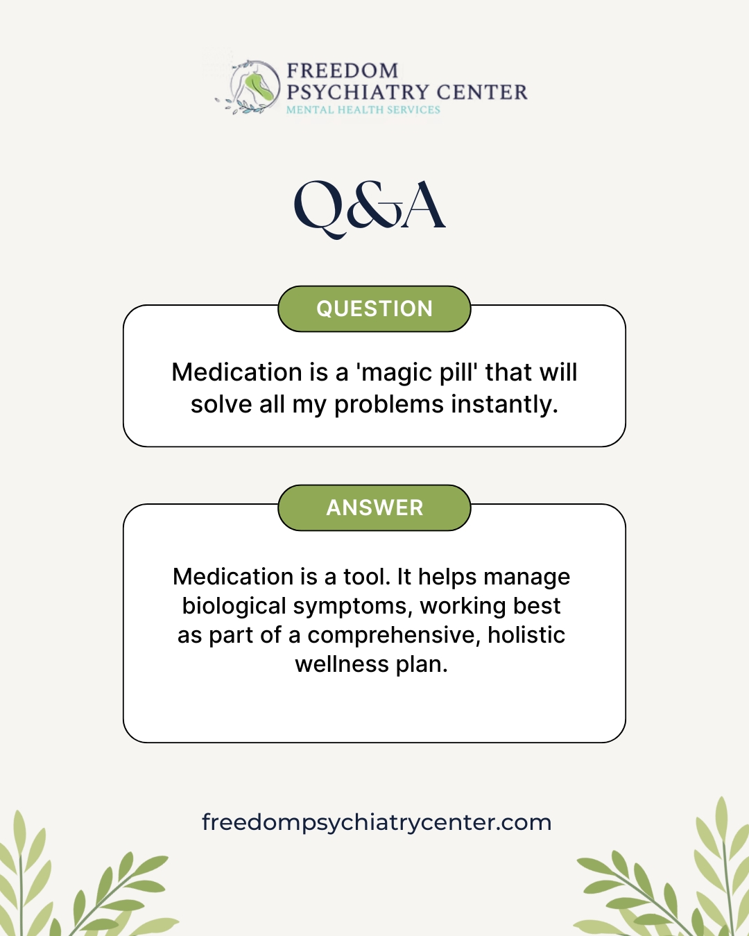 This is one of the most common questions we get. The answer is that it varies. While some medications can provide relief for certain symptoms quickly, many psychiatric medications take 2 to 6 weeks to reach their full, intended effect. Patience is a key part of the process, and we will monitor your progress closely.
#FAQ #MedicationManagement #MentalHealthFAQ #FreedomPsychiatry #MentalHealthTreatment #AskAPro #Psychiatry #MentalWellness