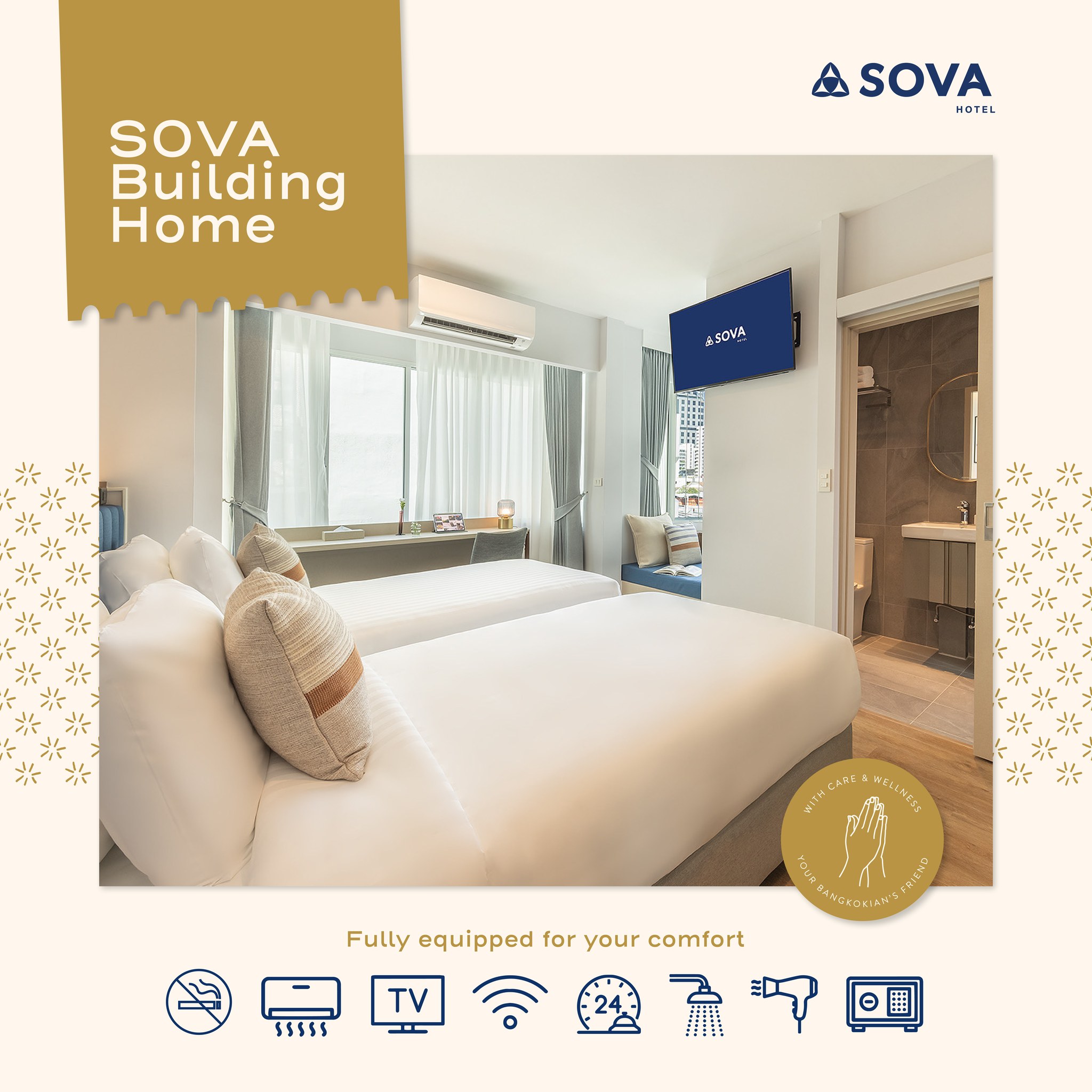 SOVA invites you to check-out our SOVA Building Home — a new style of accommodation that offers warmth, cleanliness, and safety, with a charming city view.
📍Conveniently located near Emsphere and Queen Sirikit National Convention Center (QSNCC)
We’ve got 4 different room types
🚪Deluxe Cosy Twin
🚪Cosy Twin
🚪Roomy Double
🚪Roomy Twin
**For twin rooms ,the beds can be combined into Hollywood Twin set up and you’r won’t have to worry about falling into the gap as we’ve added a special mattressmatteress topperconnector for extra comfort.**
🚝Convenient Location
-Near BTS PhromPhong & Asok
-Near MRT QSNCC & Sukhumvit
📩 For more information or to book a room at a special direct rate,
please contact us directly for the best available price.
SOVA Hotel Sukhumvit 22
📞 Tel: +66 82-275-0469
💬 Line ID: @sovahotelbkk
📧 Email: hello@sovahotelbkk.com
#sovahotelbkk #comfyfriendly #sovahome #hotelnearuoblivebkk #hotelnearbtsphromphong #btsphromphong #qsncc #uoblivebkk #hotelatsukhumvit22 #sukhumvit22 #โรงแรมย่านสุขุมวิท
#โรงแรมใกล้uoblive #โรงแรมใกล้บีทีเอส #โรงแรมใกล้ศูนย์การประชุมสิริกิติ์ #โรงแรมใกล้เอ็มสเฟียร์ #thailand🇹🇭 #bkk