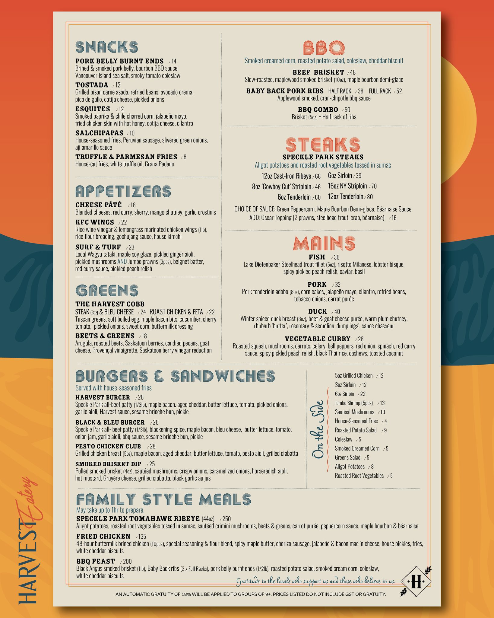 HARVEST EATERY | NEW MENU
It's official. Our new menu has launched!
View our menu online: eatharvest.ca/menus
Available for dine-in & takeout.
Call 306.297.3315 to order.
----
OPEN TUESDAYS - SATURDAYS
Seating tables at 4-9PM.
Reservations Recommended.
Book online: eatharvest.ca / Call: 306.297.3315