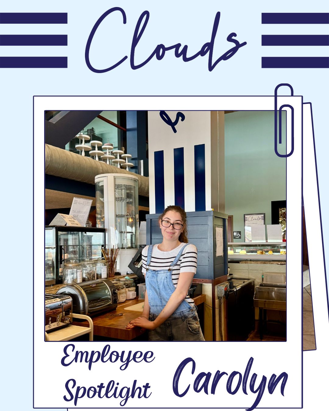 We’re shining this month’s spotlight on Carolyn! 💙
She loves a Dirty Vanilla Chai and says her favorite memory is the Study Marathon’s late-night rush.
Her advice? Stop by Clouds, the best study spot in Ames! ☕📚