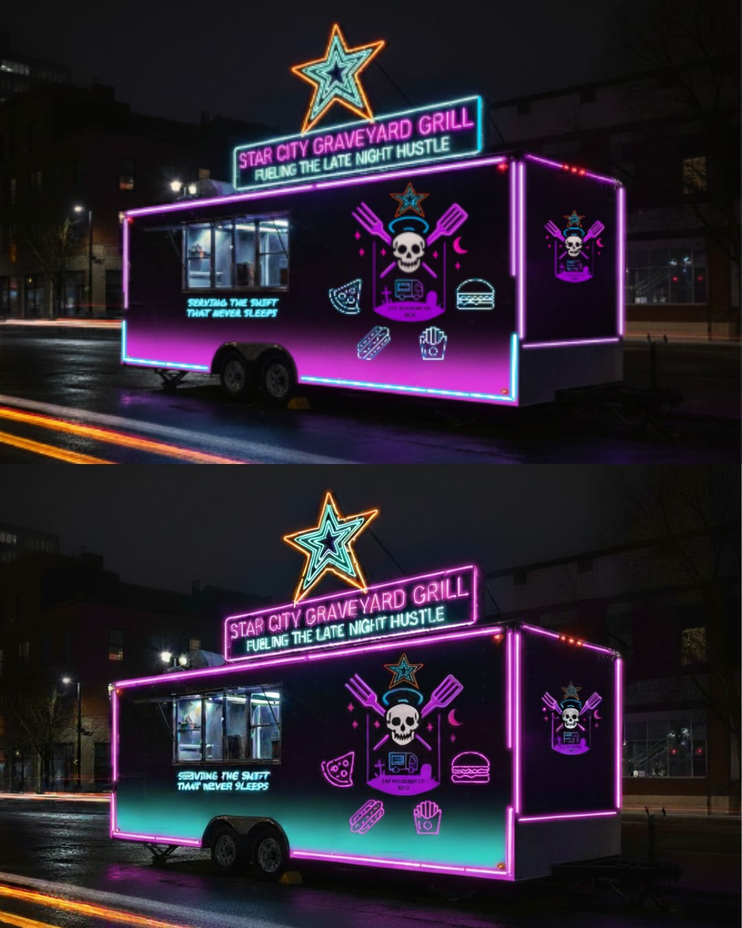 Which do you want to see serving your late-night fix?
Drop your vote:
TOP or BOTTOM
Neon level: 🔈 subtle | 🔊 max glow
Base Color: 🟦 teal base | 🟪 purple base
Comment any tweak you’d make—best idea gets first-look merch on launch night!
Star City Graveyard Grill is coming to you in early 2026, we can't wait to be a part of the graveyard shift grind!
Serving The Shift That Never Sleeps.
Fueling the Late Night Hustle.
#StarCityGraveyardGrill #Roanoke #StarCity #FoodTrailer #FoodTruckDesign #NeonNights #LateNightEats #StreetFood #VirginiaEats #SupportLocal
