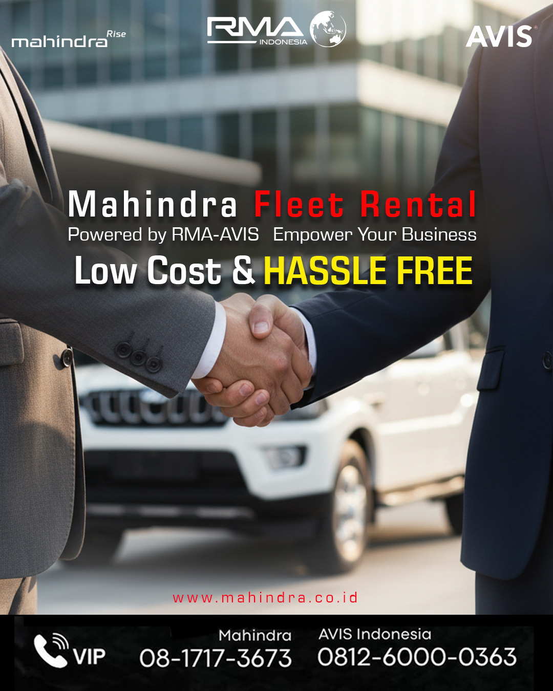 Empower your business with Mahindra Fleet Rental!
Layanan profesional solusi sewa armada Low Cost & Hassle Free untuk kebutuhan perusahaan Anda.
📲 Call us today and get your fleet ready!
Mahindra: 08-1717-3673 | AVIS Indonesia: 0812-6000-0363
.
.
.
#MahindraScorpio #PikUpKeren #MahindraIndonesia #YourPartnerInSuccess #RMAIndonesia #mahindra4x4 #mining #plantation #farming #miningindonesia #minerals #coal #tambang #sobatenergi #ESDM #miningexpo #agriculture #agriculturelife #tipsandtrick #pertanian #perkebunan #pertambangan #fleet #fleetrental #rentalfleet #pickuprental