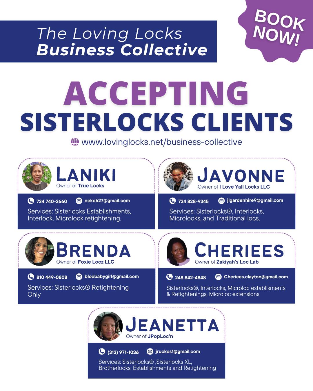 Thinking about starting your SisterlocksĀ® journey or looking for a trusted consultant to continue your maintenance? The Loving Locks Business Collective has you covered! š
Our talented business collective members are now accepting new SisterlocksĀ® and transfer clients:
Laniki | True Locks
š 734-740-2660 | š§ neke627@gmail.com
⨠Services: Sisterlocks® Establishments, Interlock & Microlock Retightening
Javonne | I Love Yall Locks LLC
š 734-828-9345 | š§ jlgardenhire9@gmail.com
⨠Services: Sisterlocks®, Interlocks, Microlocks, Traditional Locs
Brenda | Foxie Locz LLC
š 810-449-0808 | š§ bleebabygirl@gmail.com
⨠Services: Sisterlocks® Retightening Only
Cheriees | Zakiyah's Loc Lab
š 248-842-4848 | š§ cheriees.clayton@gmail.com
⨠Services: Sisterlocks®, Interlocks, Microloc Establishments & Retightenings, Microloc Extensions
Jeanetta | JPopLoc'n
š (313) 971-1036 | š§ jruckes1@gmail.com
⨠Services: Sisterlocks® Consultant Training Completed: August 23-25, 2025
Whether youāre just beginning or continuing your loc journey, our consultants are here to guide you every step of the way!
š Want to be part of the Loving Locks Business Collective?
Join us here ā”ļø www.lovinglocks.net/business-collective
#Sisterlocks #SisterlocksConsultant #SisterlocksJourney #Plymouth #Michigan #PlymouthMichigan