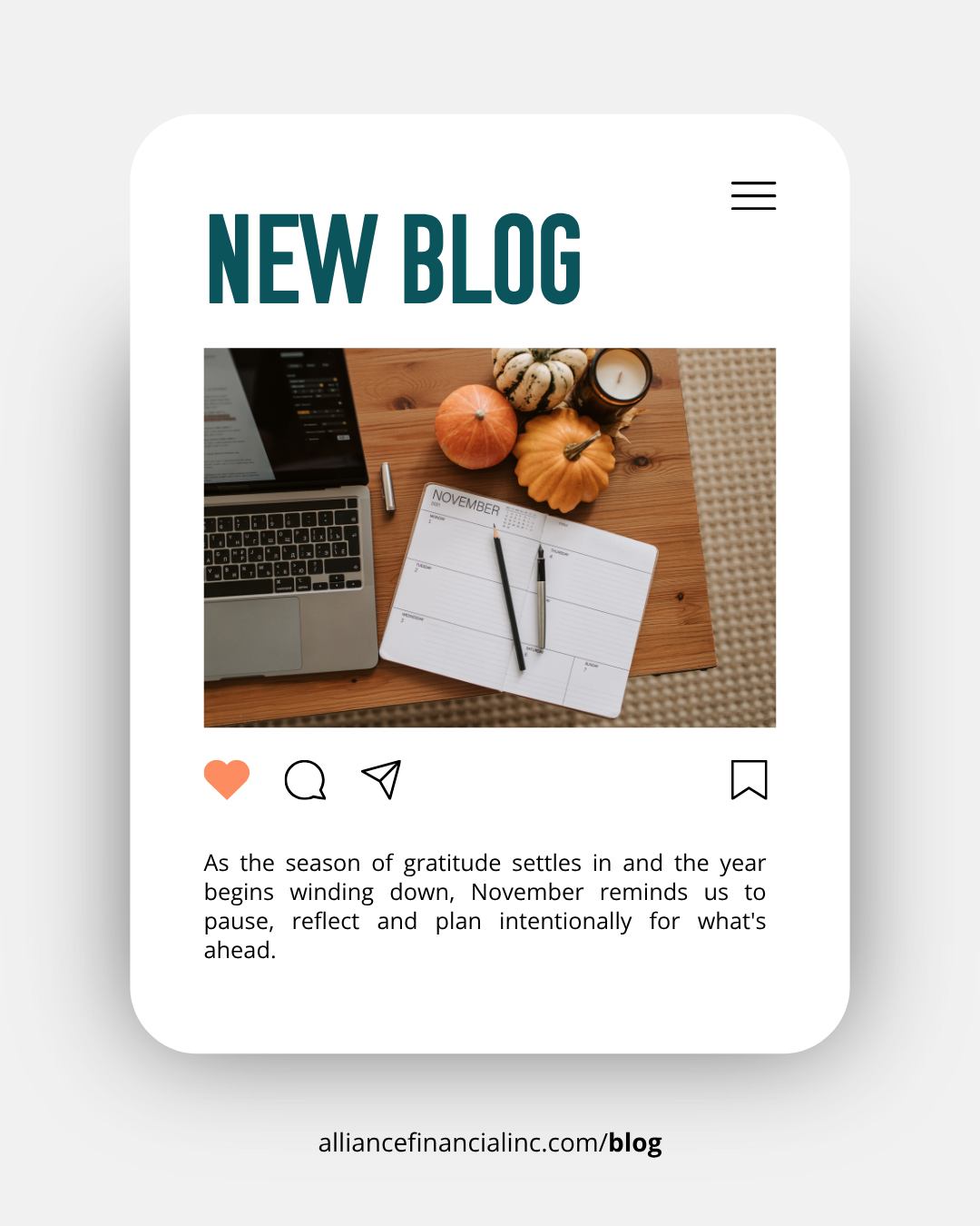 November reminds us to pause, reflect and plan intentionally for what's ahead, especially when it comes to your finances.
In this month’s blog, we cover:
📌 Update: U.S. Government Shutdown - What It Means For You
📌 Inflation & Interest Rates - What's Changed, What's Ahead
📌 Unemployment & Economic Outlook
📌 Year-End Planning Considerations
Staying informed now can save you money (and stress) later. 👉 Read the full blog on our website.
🔗 alliancefinancialinc.com/blog