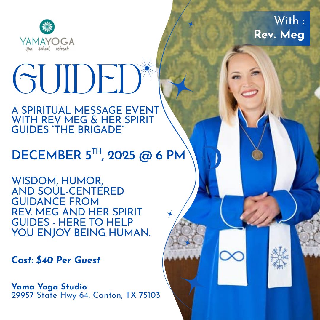 A powerful gathering is on the horizon!
Join Rev. Meg and The Brigade for an immersive evening of channeled messages, intuitive guidance, and high-vibrational insight.
This Esther Hicks–style event invites you to ask questions or simply listen as Spirit delivers the messages needed most by the group.
Thanks to the Law of Attraction, every message—even those given to others—holds meaning for everyone in the room.
Location: Yama Yoga Studio
Date & Time: Friday, Dec. 5th @ 6 PM
Cost: $40 Per Attendee
Doors open at 5:45pm. Please arrive before 6:00pm and silence your cell phones.
This event will be recorded. Your voice may be captured, though cameras will be positioned to avoid faces when possible.
Click the link in our bio to sign up & reserve your spot!