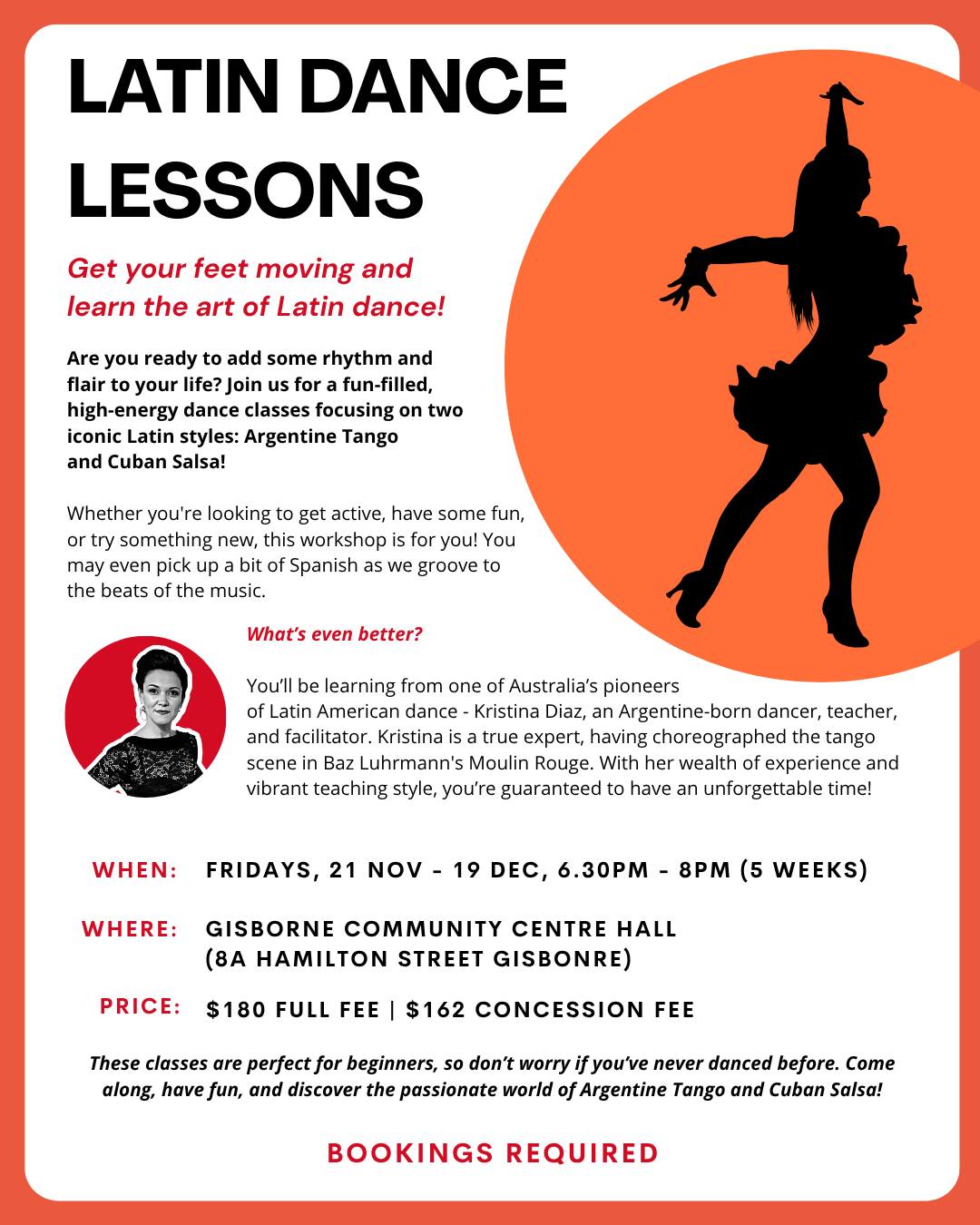 Looking for a fun new activity to brighten up your week? 🌟
Our upcoming Latin dance classes are the perfect way to move your body, meet new people, and explore the vibrant world of Argentine Tango and Cuban Salsa. Over 5 weeks, you’ll learn the fundamentals in a relaxed, friendly, beginner-friendly atmosphere - no prior experience needed.
With expert guidance from the talented Kristina Diaz, you’ll gain skills, confidence, and an appreciation for the music and culture behind these beautiful dance styles. It’s all about having fun, trying something new, and meeting new people!
📅 Fridays from 21 Nov – 19 Dec
📍 Gisborne Community Centre Hall
✨ Bookings essential — come dance with us and avoid missing out!
If you have any questions, please don't hesitate to reach out. We are always happy to help and to clarify any details about our courses 😁
For further information and online enrolment, head to our website www.mrfec.net.au, email us at enquires@mrfec.net.au, call us on 03 5428 3799 or pop in to say hello at our office! 😁
Please note: Course commencement is subject to sufficient enrolments - minimum and maximum class sizes apply to all courses. In the event of a course cancellation, all fees will be refunded in full by direct payment to your nominated bank account.