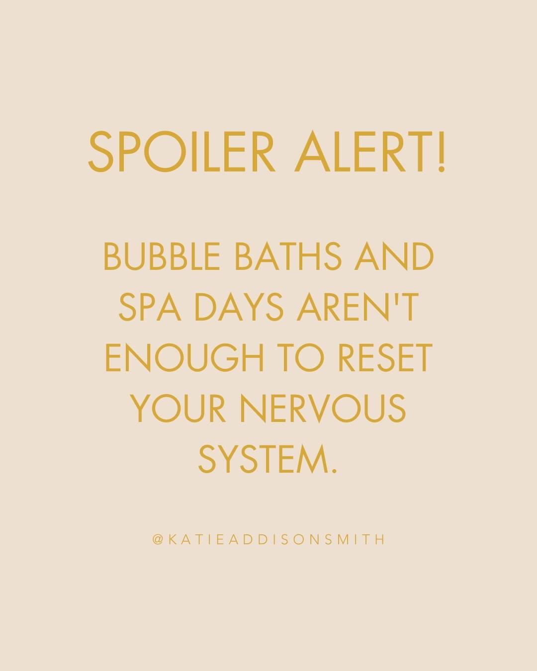 But here’s what is⬇️
Don’t get me wrong, a nice bubble bath or a relaxing day at the spa is great, but that alone won't calm your nervous system.
Especially if you’ve spent the whole week pushing yourself to the limit with work, family and exercise.
What you need to do is make your body feel safe.
It's a basic and primal concept that works every time.
But it requires consistency and repetition👀
Your body requires subtle signals on a daily basis to feel safe.
This includes things like consistently eating 3 meals a day and having a regular morning routine.
And before you panic and think that you don’t have time for a morning routine, I’m talking about implementing 5 minutes of deep breathing or yoga.
It’s not about overcommitting- that’ll ultimately cause more stress.
It's about the simple things:
😌 Go to sleep and wake up at the same time every day
😌 Eat 3 meals at the same time each day
😌 Take 2-minute deep breath breaks throughout the day
Rhythm and consistency are the key.
Not monthly spa trips and bubble baths.
Make sure you’re following for more helpful advice (that’s rooted in science) on regulating your nervous system and restoring your health 🤍