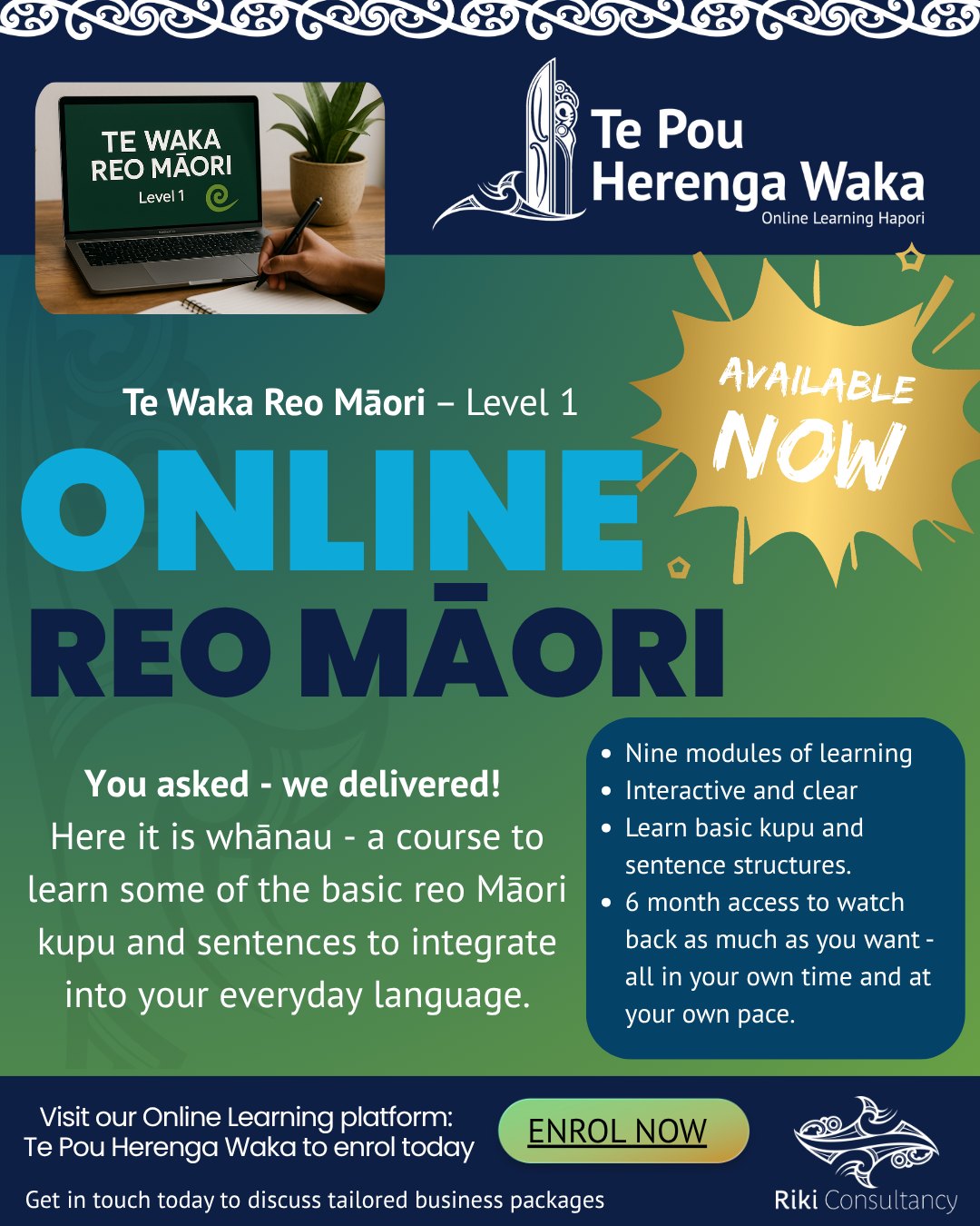 Our ONLINE TE REO MĀORI course is live now!
Check it out on our online learning platform: Te Pou Herenga Waka now (link in bio)
