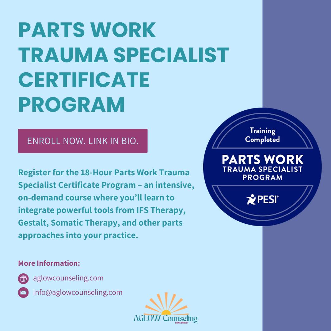 ✨ Therapists: Ready to master the art of parts work for deep trauma healing? ✨
Register for the 18-Hour Parts Work Trauma Specialist Certificate Program – an intensive, on-demand course where you’ll learn to integrate powerful tools from the IFS model, Gestalt, Somatic Therapy, and other parts approaches into your practice.
Plus, earn up to 18.5 CE Hours!
👉 Tap the link in our bio to learn more & enroll today!
#PartsWork #TraumaSpecialist #SomaticTherapy #Gestalt #TherapistTraining #CEHours #AglowCounseling #HealingProfessionals