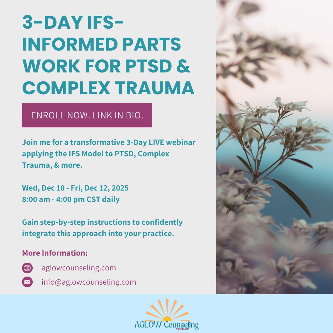 ✨ Reminder for Therapists: Join us TOMORROW! ✨
PESI’s (I’m teaching in their program) 3-Day Workshop on using the Internal Family Systems (IFS) model in therapy begins tomorrow, December 10th!
Learn to apply the IFS Model for treating PTSD, Complex Trauma, and more. It's your chance to deepen your skills and integrate your authentic therapeutic presence.
Register at the link in my bio!
#Partswork #TraumaTreatment #TherapistTraining #ComplexTrauma #AglowCounseling
