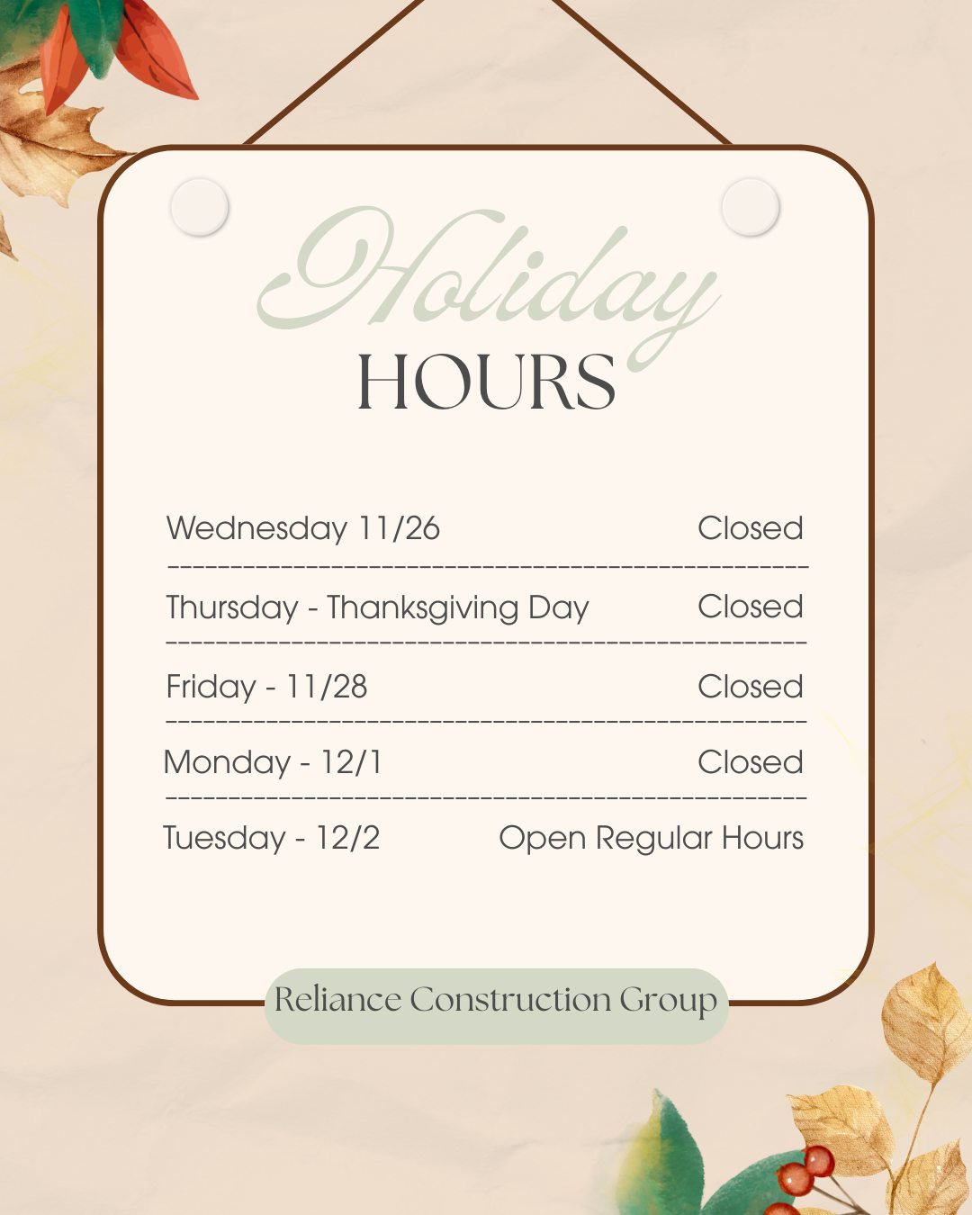 We’re trading power tools for pie in the coming days! 🥧🔨
Reliance Construction Group will be closed starting tomorrow Wednesday 11/26 through Monday 12/1 for Thanksgiving.
We’ll be back on Tuesday...slightly fuller, fully grateful, and ready to build again. 🦃🍂