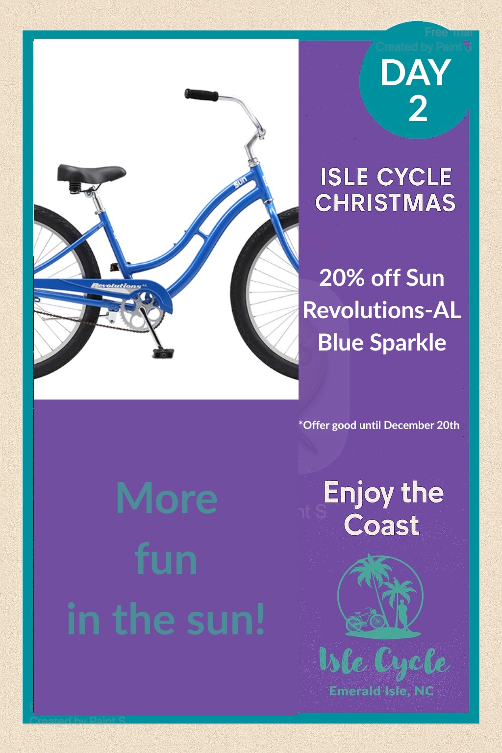 ✨ Day 2: These wheels shine brighter than holiday lights.
Grab a Sun Revolutions AL Blue Sparkle wheelset — now 20% off!
Your bike called… it wants to glow up.
#IsleCycle #EmeraldIsleNC #CrystalCoast #BikeShop #12DaysofChristmas #ShopSmall #CoastalChristmas