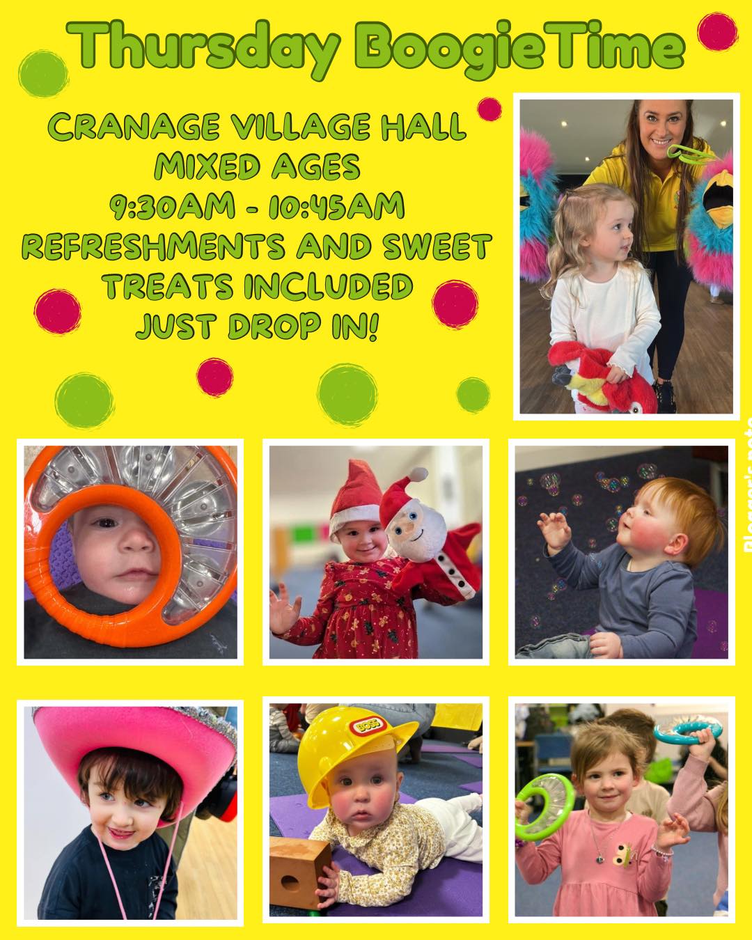Join us at Cranage Village Hall tomorrow (4th December) with a Boogietime session!
Session is 9:30am - 10:45am for all ages.
Refreshments and sweet treats are served at the start of the session.
£7.50 and additional siblings are an extra £1
Just drop in and pay (cash or card) on the door!
We will see you tomorrow!
#holmeschapel #sandbach #cheshiremums #cheshirelife #cranage #MyBabyTime #boogietime #middlewich #goostreybusiness #knutsford #goostrey #babyclasses #childrensactivities #childrensclasses