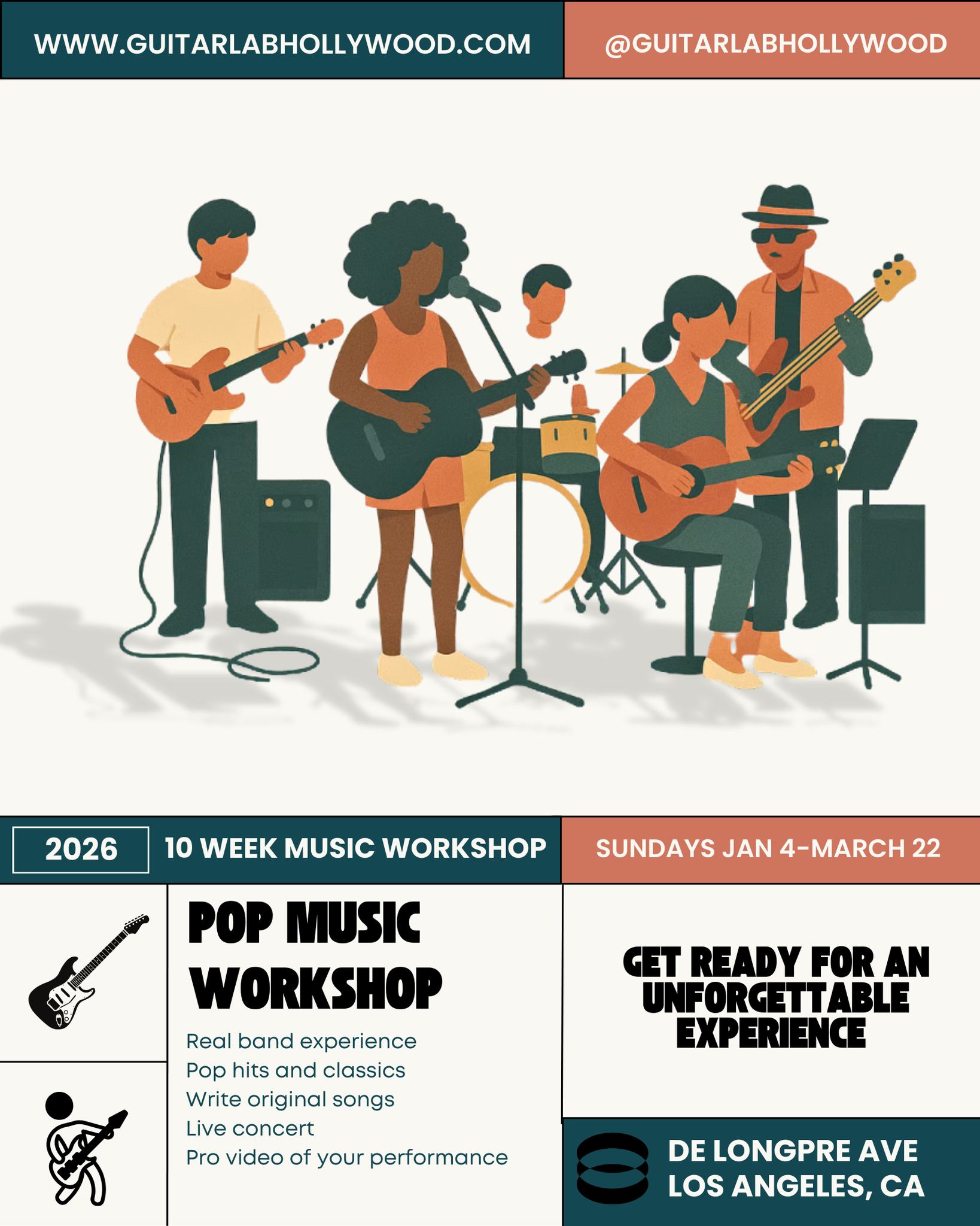 🎶 Calling all musicians in Los Angeles!
Our 10-Week Pop Music Workshop is back starting January 4 and it’s your chance to play in a real band, write original songs, perform live, and walk away with a pro video of your performance.
If you’re ready for an unforgettable music experience, join us at Guitar Lab Hollywood.
👉 Sign up now at GuitarLabHollywood.com
📍 De Longpre Ave, Los Angeles, CA
Follow along at @guitarlabhollywood
Let’s make 2026 your year to shine onstage. 🌟🎸
#MusicLessons #GuitarLessons #LosAngelesMusic #LAMusicians #HollywoodMusic #ThingsToDoInLA #BandRehearsal #MakeMusic #GuitarLabHollywood #GuitarLab #MusicSchool #MusicStudioLA #guitartutor #guitarteacher #guitarlessons