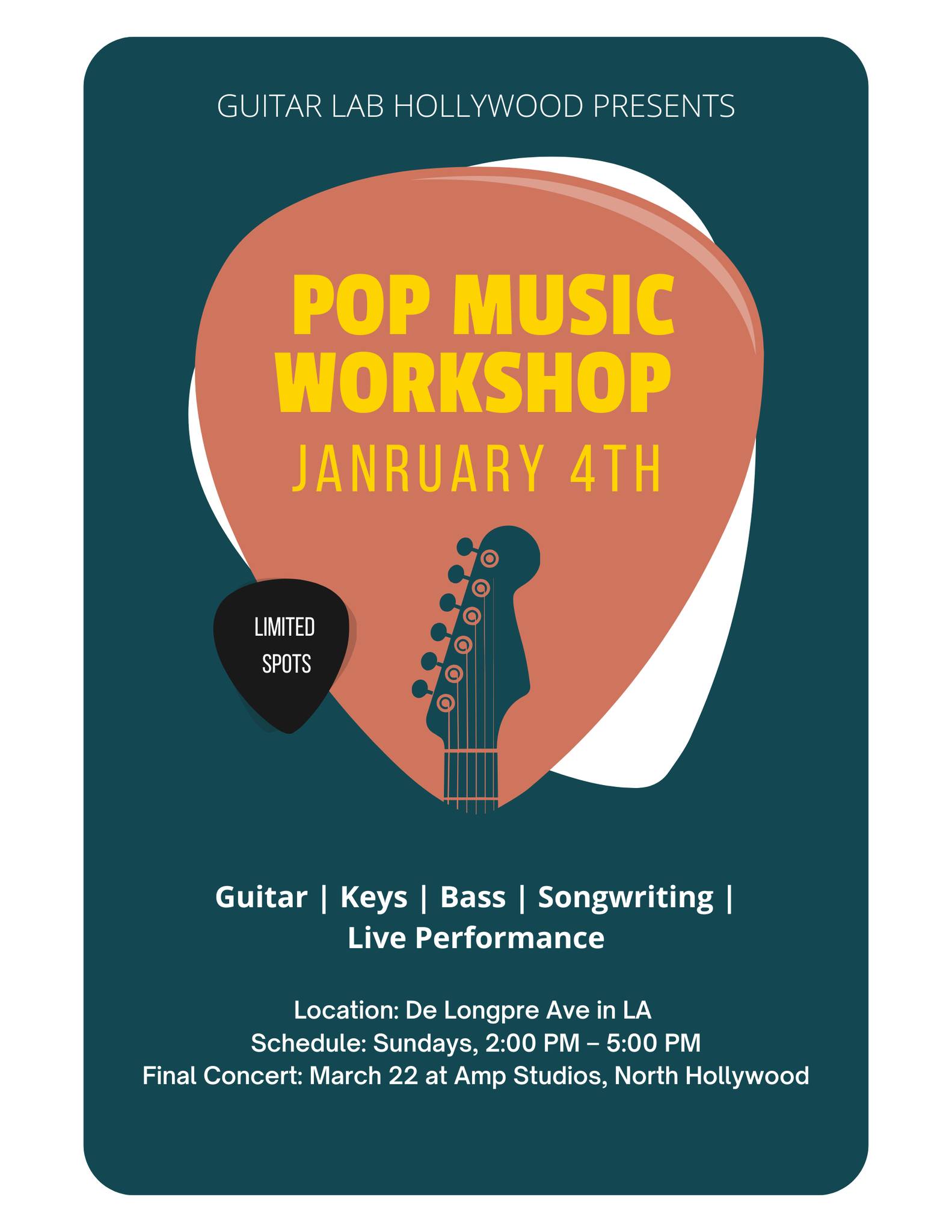 🎶 Our Pop Music Workshop kicks off January 4th!
If you play guitar, keys, bass, or want to grow your songwriting and live performance skills, this is the perfect place to level up.
Join us every Sunday for hands-on coaching, band rehearsals, and a final concert at Amp Studios in North Hollywood.
✨ Limited spots available. Sign up at GuitarLabHollywood.com
📍 De Longpre Ave, Los Angeles
⏰ Sundays 2 PM to 5 PM
Follow @guitarlabhollywood for updates, behind the scenes, and student performances.
#MusicLessons #GuitarLessons #LosAngelesMusic #LAMusicians #HollywoodMusic #ThingsToDoInLA #BandRehearsal #MakeMusic #GuitarLabHollywood #GuitarLab #MusicSchool #MusicStudioLA #guitartutor #guitarteacher #guitarlessons