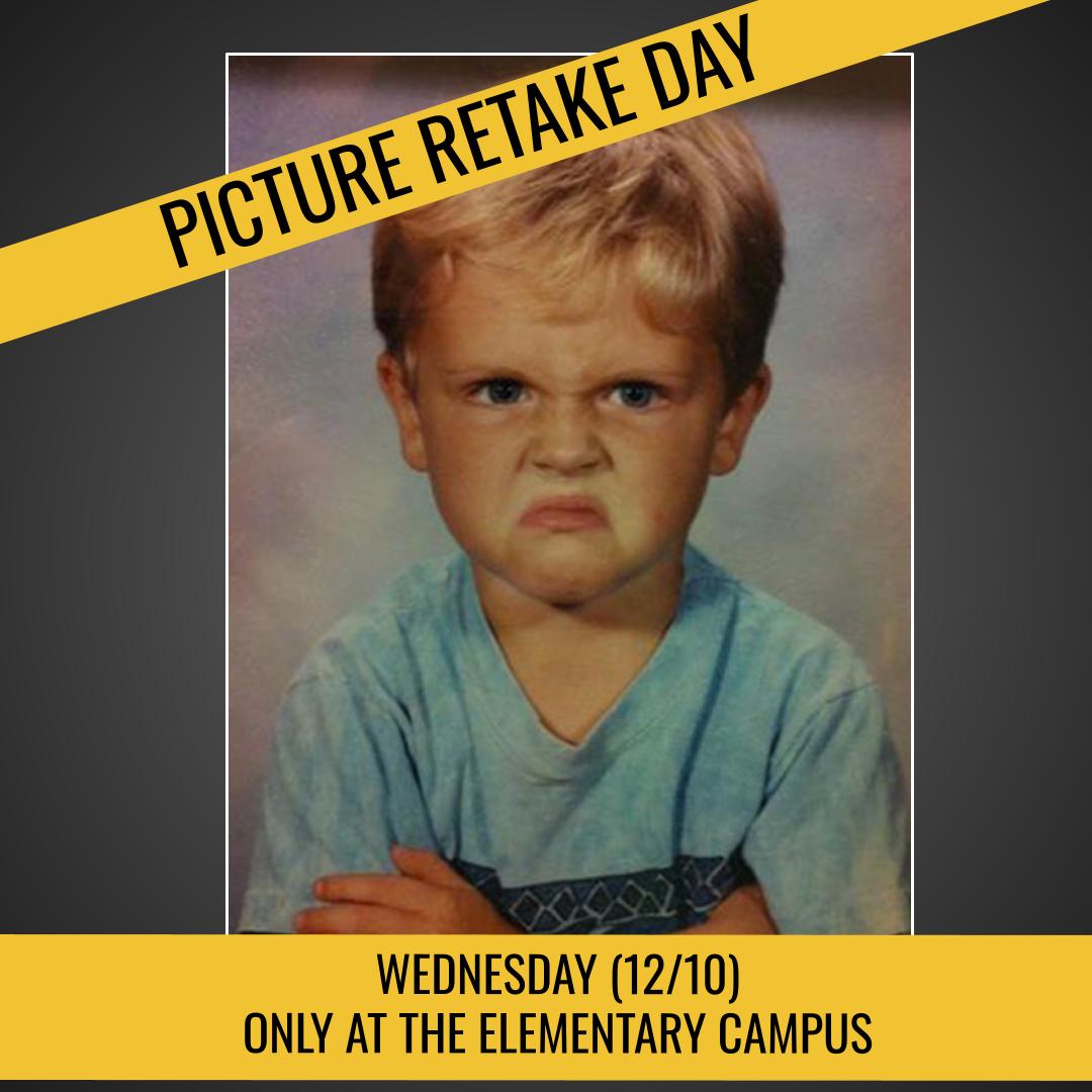 Don't forget! Tomorrow is Picture Retake Day for all students, but it will ONLY be done at the elementary campus. If your secondary student is getting their picture retaken, please contact the school office. Remember, secondary students getting their picture retaken will need to be dropped off at the elementary campus in the morning.