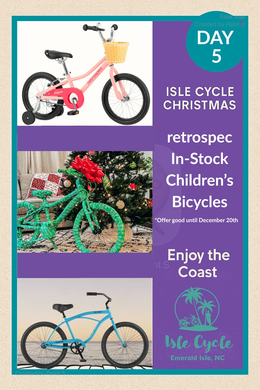 🚲 Day 5: Santa’s favorite kid bike is officially in stock!
retrospec Koda and Chatham kids bikes are here — perfect for tiny riders with big holiday energy.
Come see the colors in person!
#IsleCycle #EmeraldIsleNC #CrystalCoast #BikeShop #12DaysofChristmas #ShopSmall #CoastalChristmas