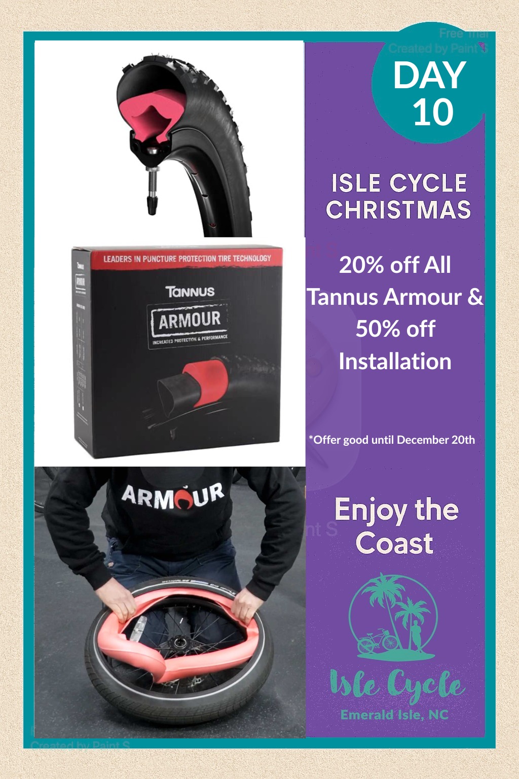 🛡️ Day 10: Save your tires AND your sanity.
Tannus Armor inserts 20% off — installation 50% off!
The gift that says “no more flats on Coast Guard Road.”
#IsleCycle #EmeraldIsleNC #CrystalCoast #BikeShop #12DaysofChristmas #ShopSmall #CoastalChristmas