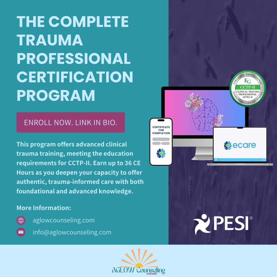 ✨ Trauma Professionals: Elevate your expertise and achieve CCTP-II certification! ✨
Our Complete Trauma Professional Certification Program offers advanced clinical trauma training, meeting the education requirements for CCTP-II.
Earn up to 36 CE Hours as you deepen your capacity to offer authentic, trauma-informed care with both foundational and advanced knowledge.
🔗 Learn more & enroll today at the link in my bio!
#TraumaCertification #CCTPII #ClinicalTrauma #TherapistTraining #AdvancedTraining #AglowCounseling